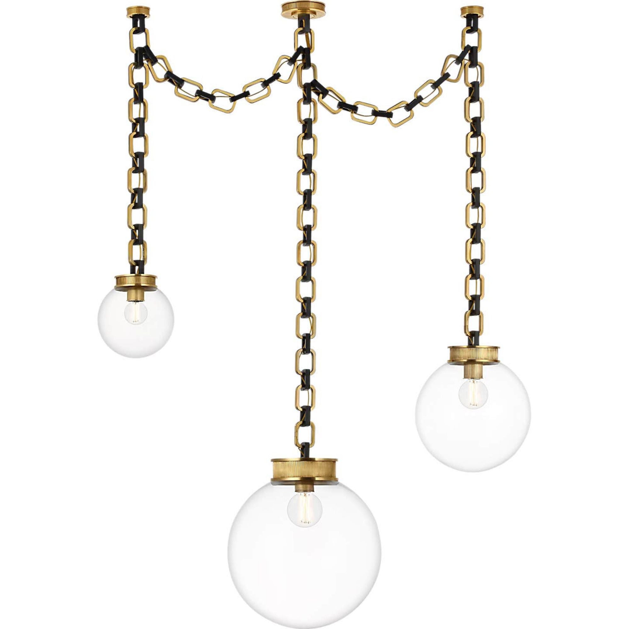 Marie Flanigan Bellamy 3 Light Statement Chain Multi Globe Chandelier in Soft Brass and Bronze with Clear Glass W51"