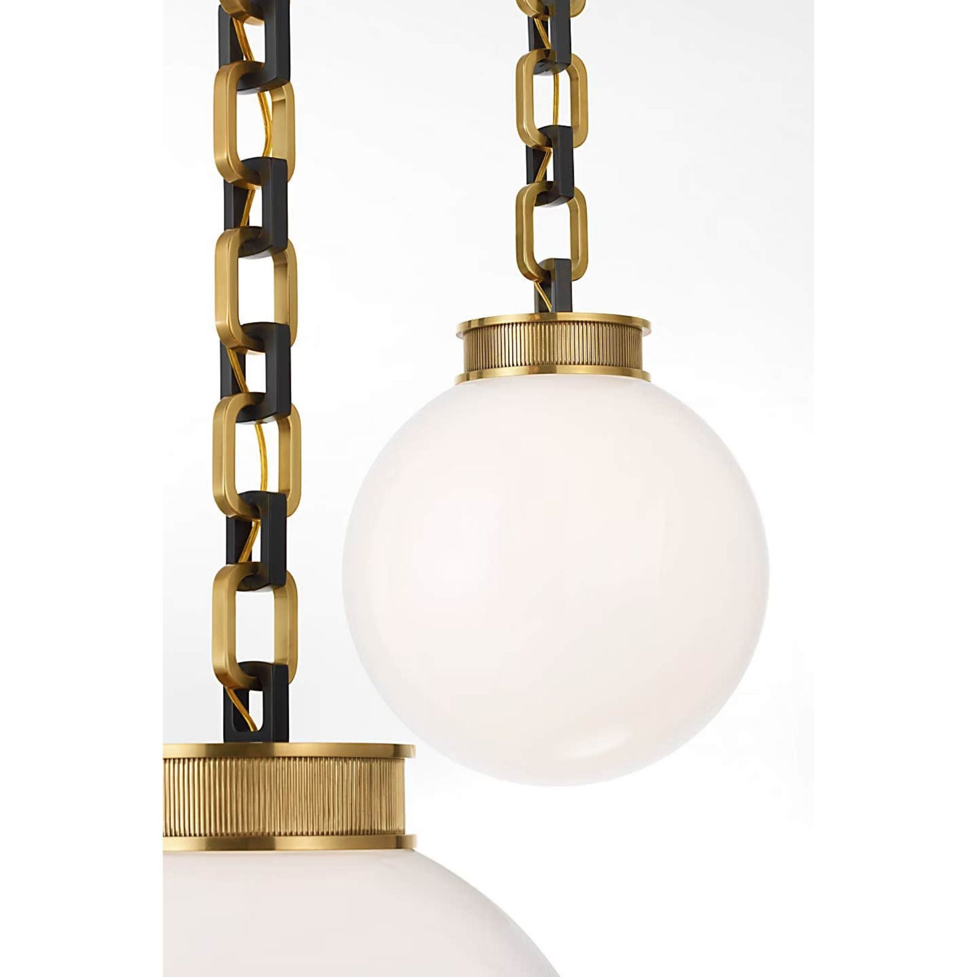 Marie Flanigan Bellamy 3 Light Statement Chain Multi Globe Chandelier in Soft Brass and Bronze with White Glass W51"
