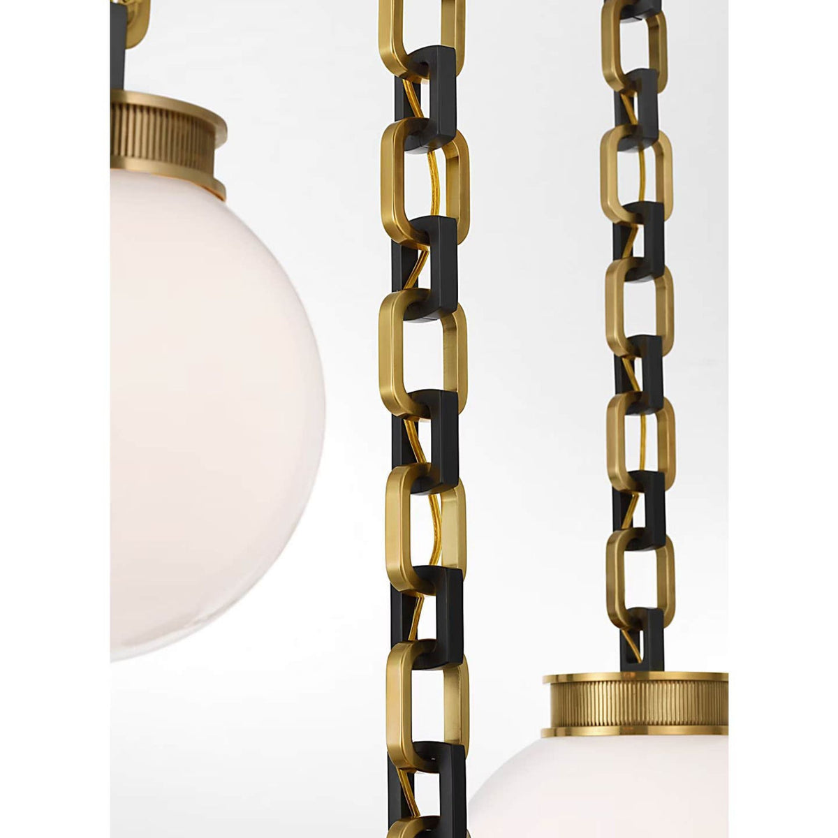 Marie Flanigan Bellamy 3 Light Statement Chain Multi Globe Chandelier in Soft Brass and Bronze with White Glass W51"