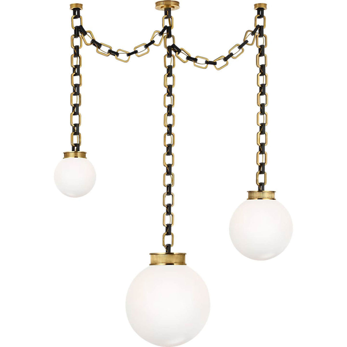 Marie Flanigan Bellamy 3 Light Statement Chain Multi Globe Chandelier in Soft Brass and Bronze with White Glass W51"