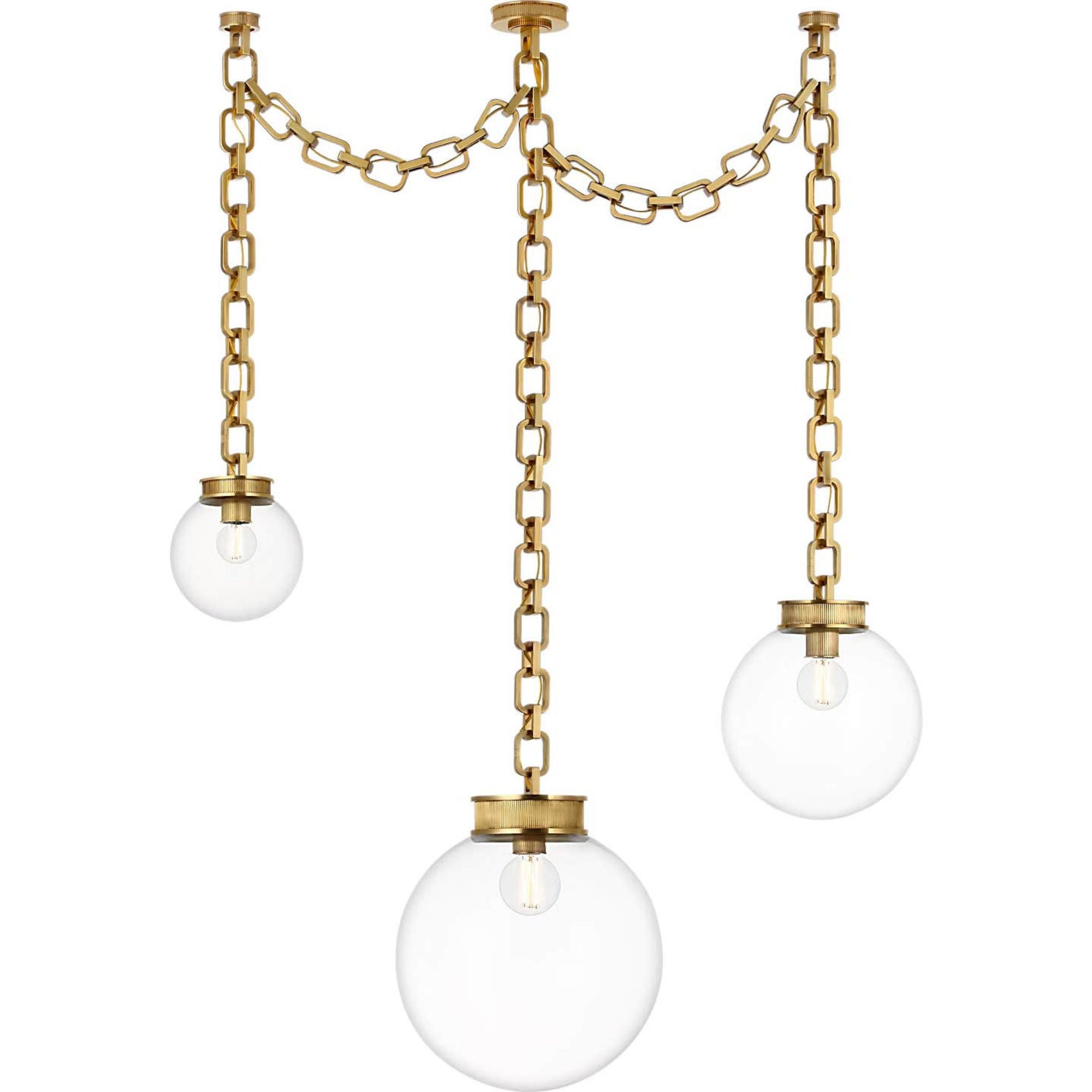 Marie Flanigan Bellamy 3 Light Statement Chain Multi Globe Chandelier in Soft Brass with Clear Glass W51"