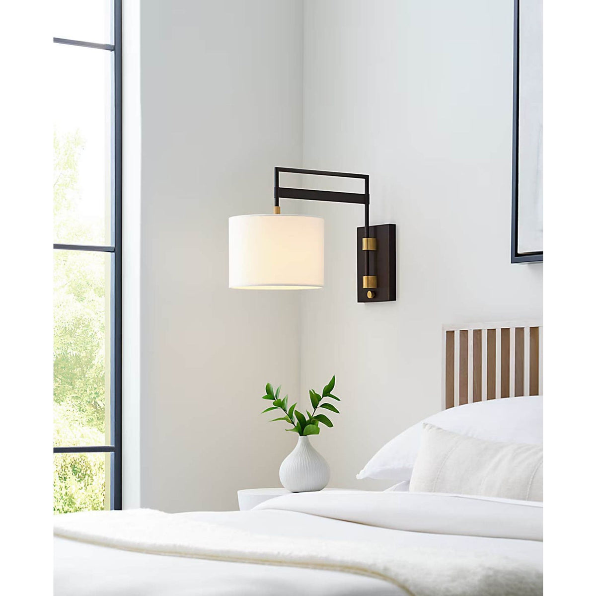 Ray Booth Gael Medium Articulating Wall Light in Warm Iron and Antique Brass with Linen Shade W11" x H15" x E20.5"