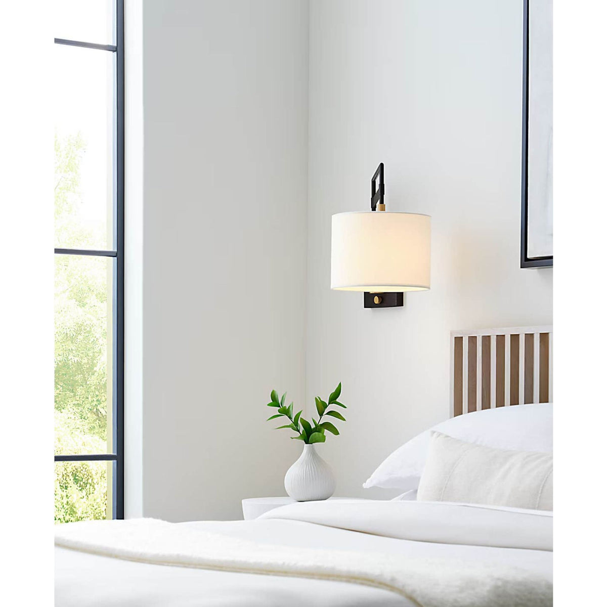 Ray Booth Gael Medium Articulating Wall Light in Warm Iron and Antique Brass with Linen Shade W11" x H15" x E20.5"