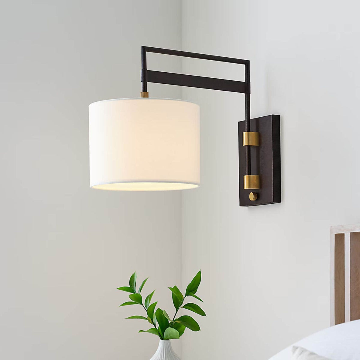 Ray Booth Gael Medium Articulating Wall Light in Warm Iron and Antique Brass with Linen Shade W11" x H15" x E20.5"