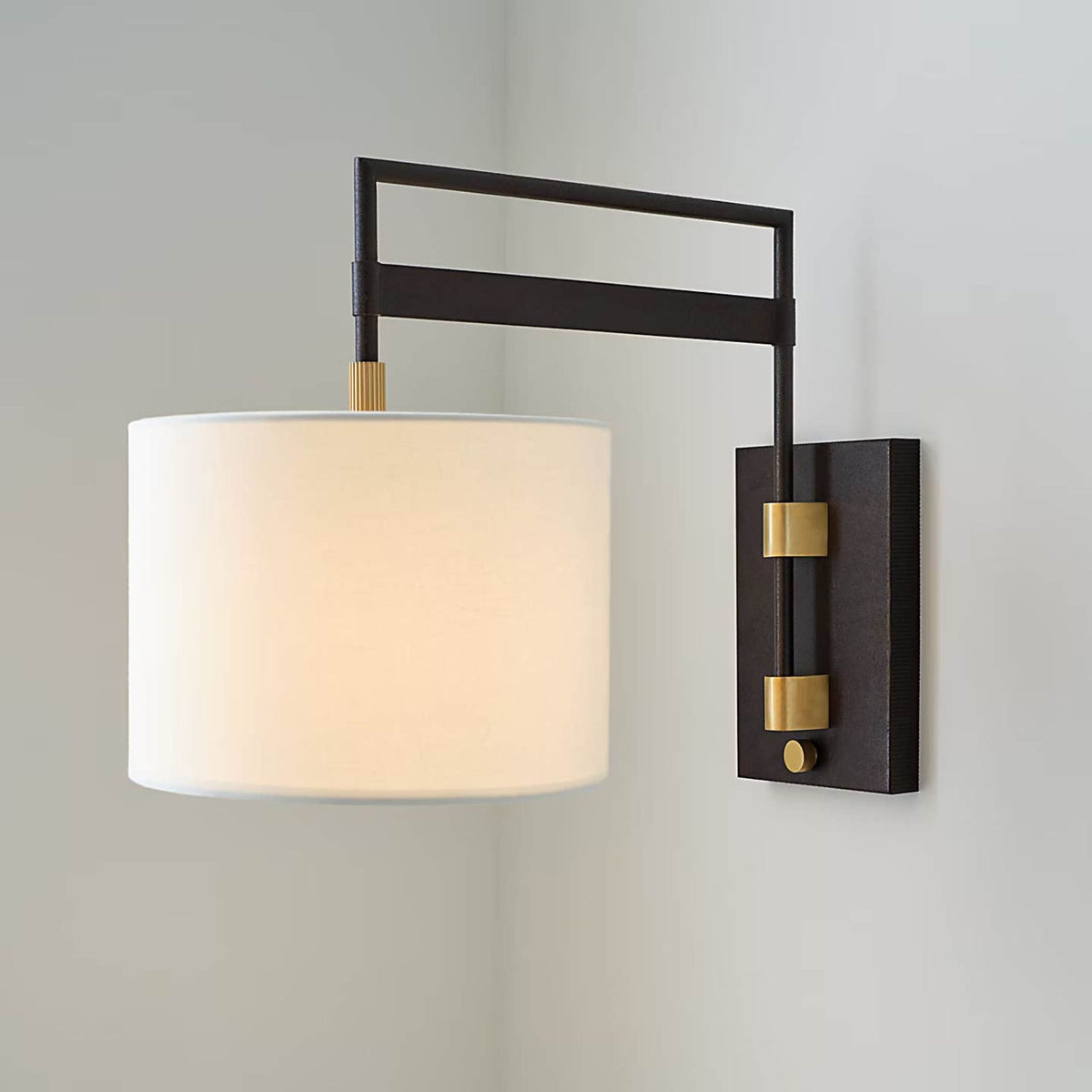 Ray Booth Gael Medium Articulating Wall Light in Warm Iron and Antique Brass with Linen Shade W11" x H15" x E20.5"