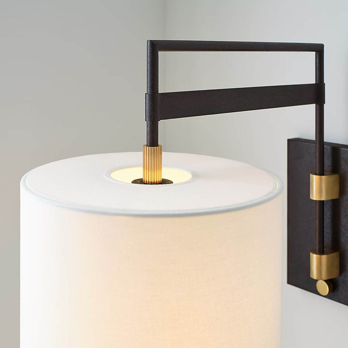 Ray Booth Gael Medium Articulating Wall Light in Warm Iron and Antique Brass with Linen Shade W11" x H15" x E20.5"