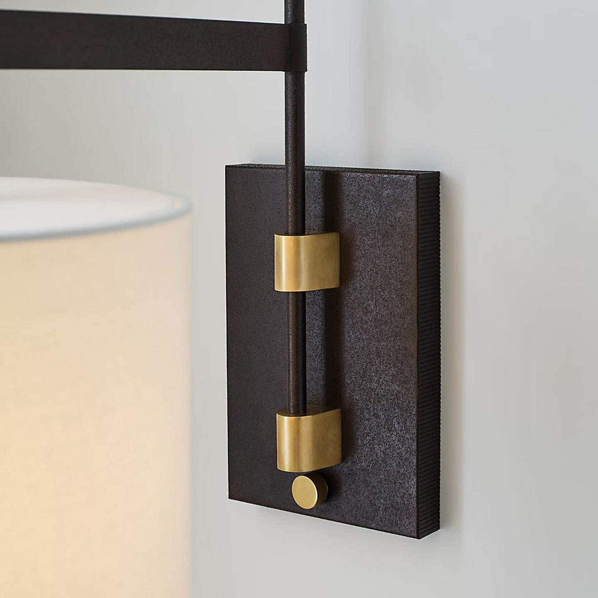 Ray Booth Gael Medium Articulating Wall Light in Warm Iron and Antique Brass with Linen Shade W11" x H15" x E20.5"