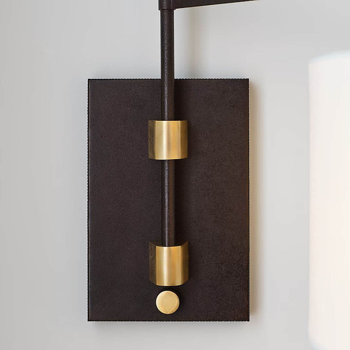 Ray Booth Gael Medium Articulating Wall Light in Warm Iron and Antique Brass with Linen Shade W11" x H15" x E20.5"