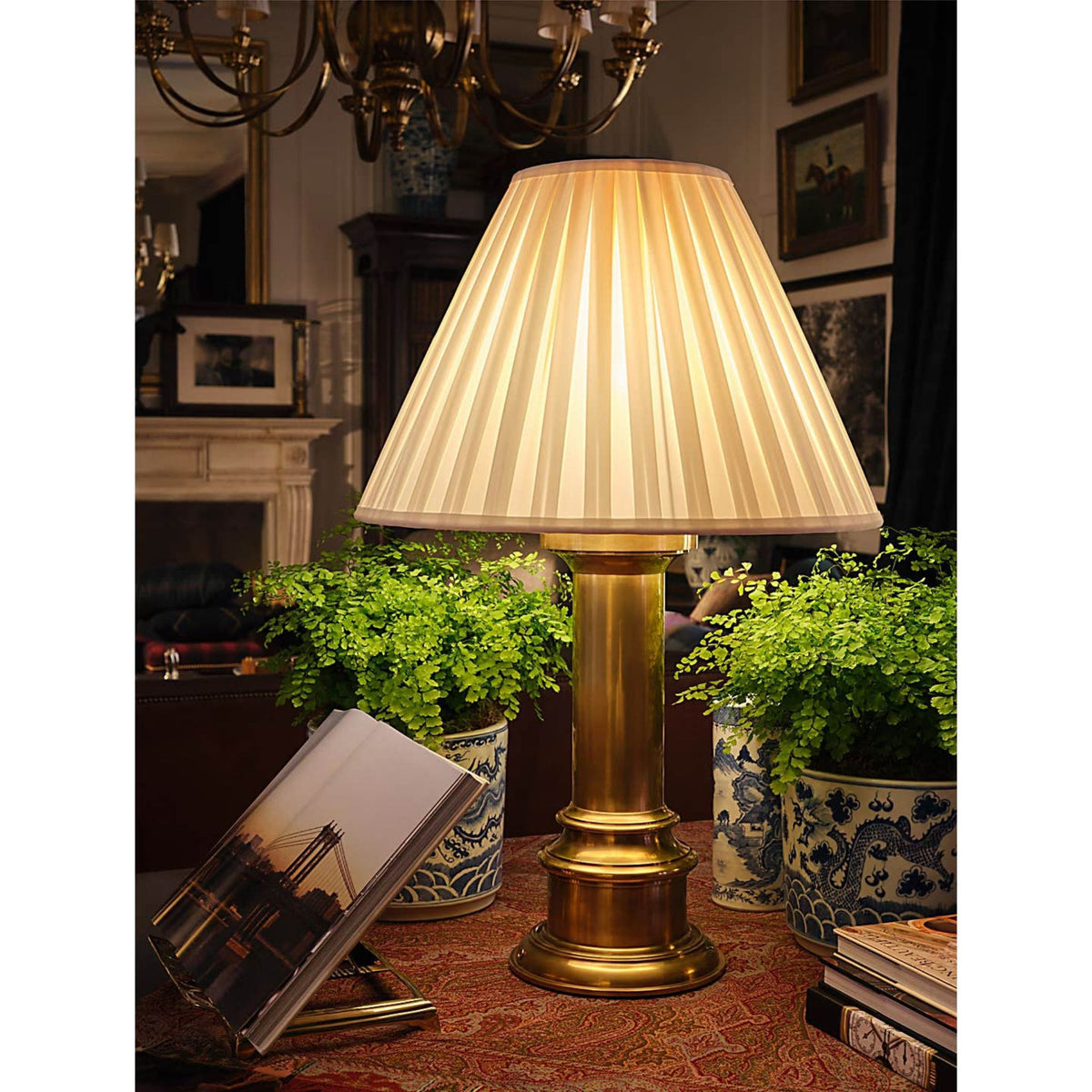 Ralph Lauren Hammett Large Table Lamp in Natural Brass with Silk Box Pleat Shade W22" x H33.75"