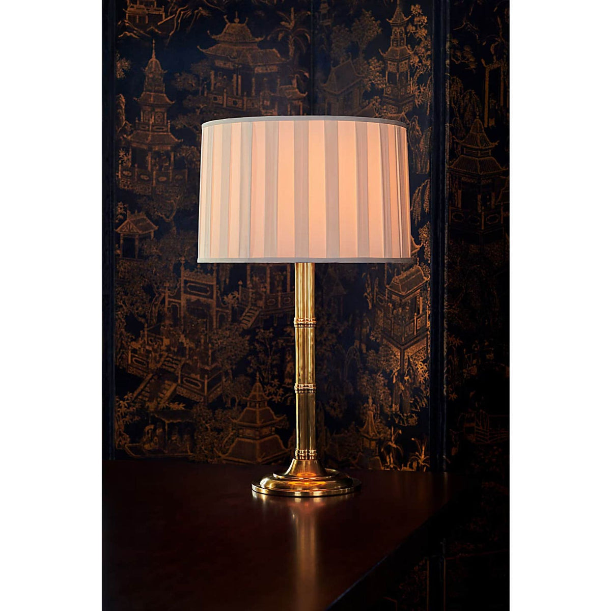 Ralph Lauren Downing Large Table Lamp in Natural Brass with Silk Box Pleat Shade W17.5" x H31"
