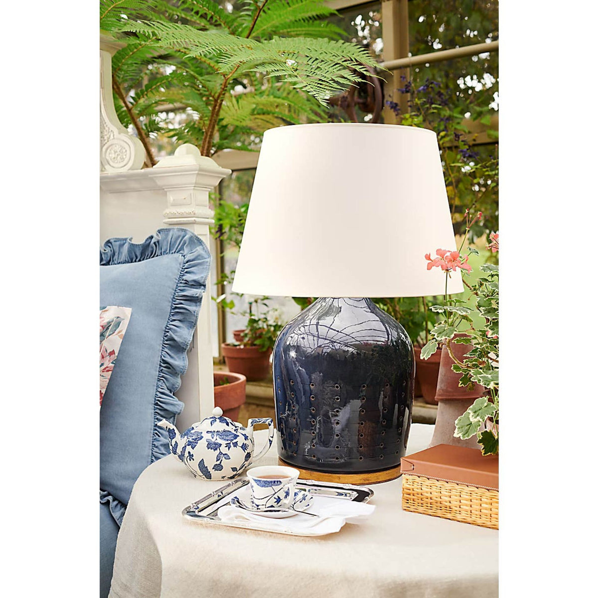 Ralph Lauren Halifax Small Table Lamp in Blue Ceramic with White Paper Shade W19" x H27.5"