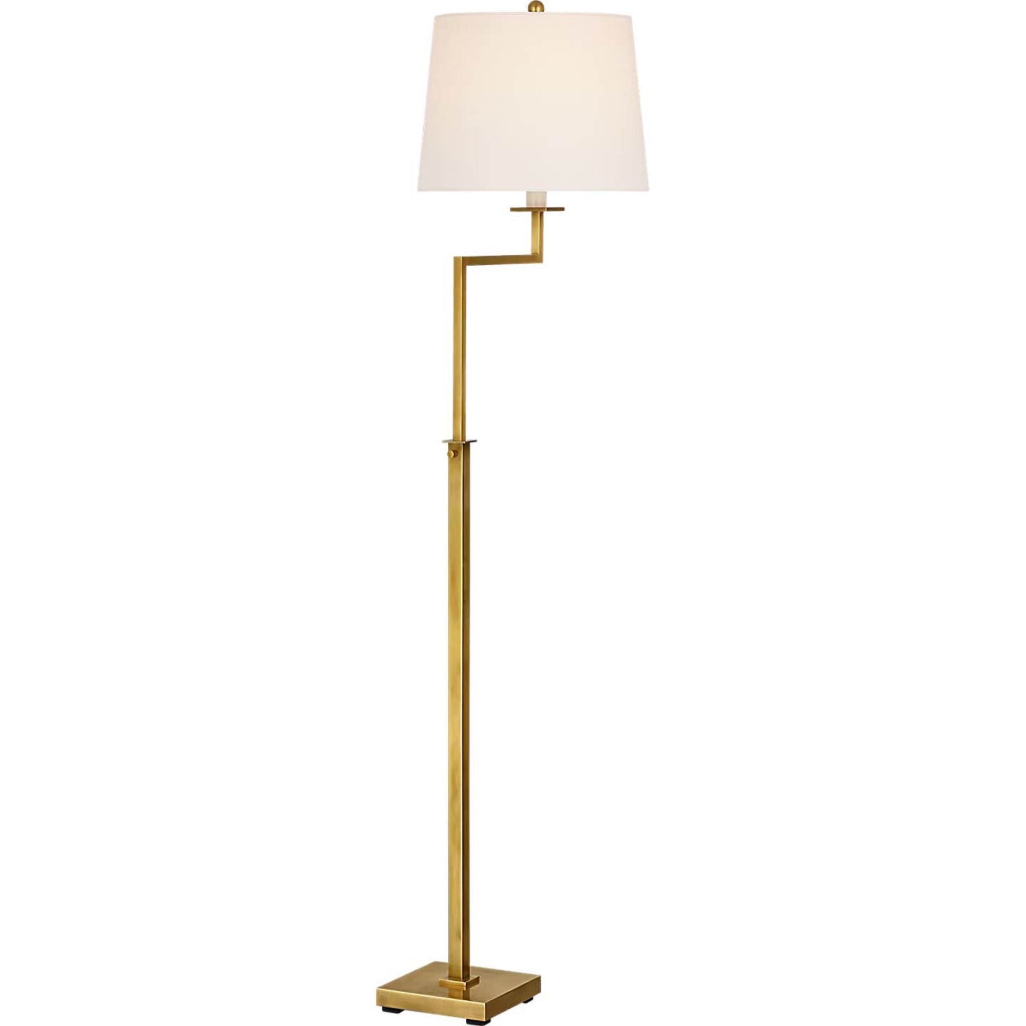 Suzanne Kasler Greer Adjustable Bridge Floor Lamp in Hand-Rubbed Antique Brass with Linen Shade W12.5" x H43.25" - 53" x E18.25"