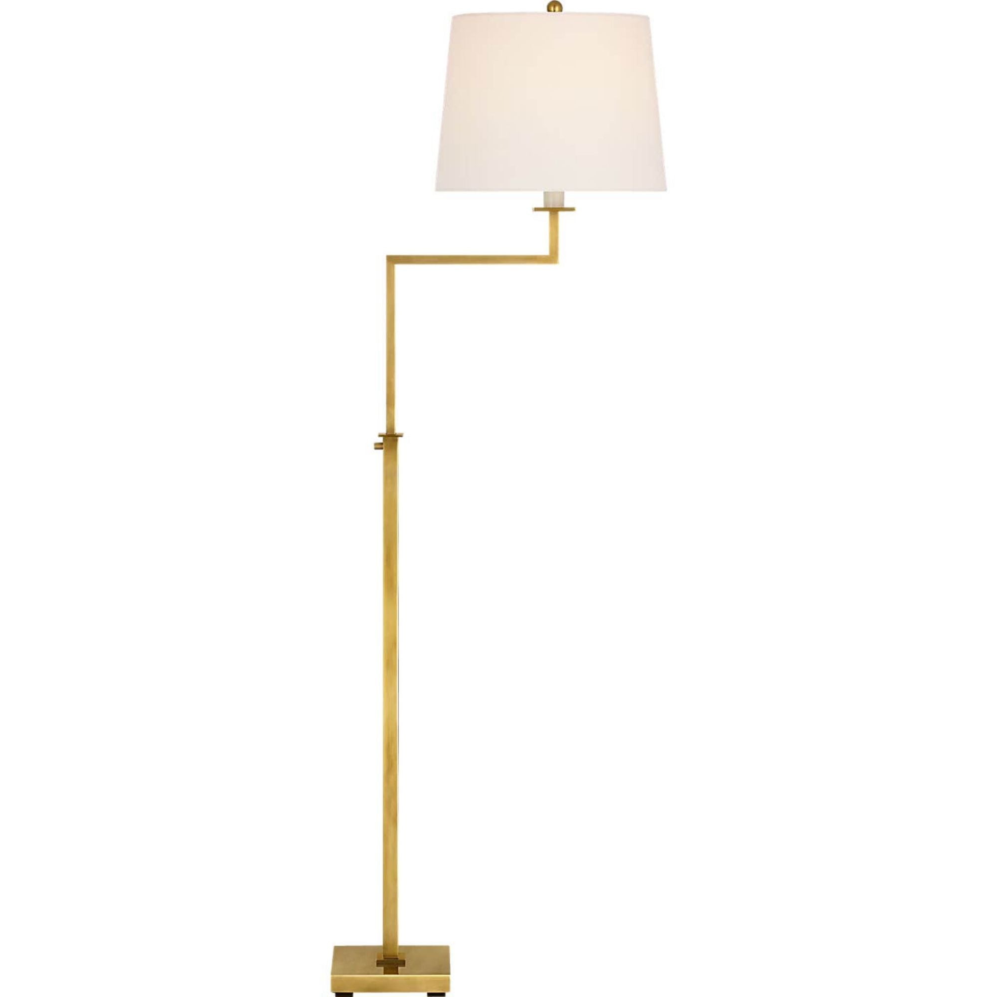 Suzanne Kasler Greer Adjustable Bridge Floor Lamp in Hand-Rubbed Antique Brass with Linen Shade W12.5" x H43.25" - 53" x E18.25"