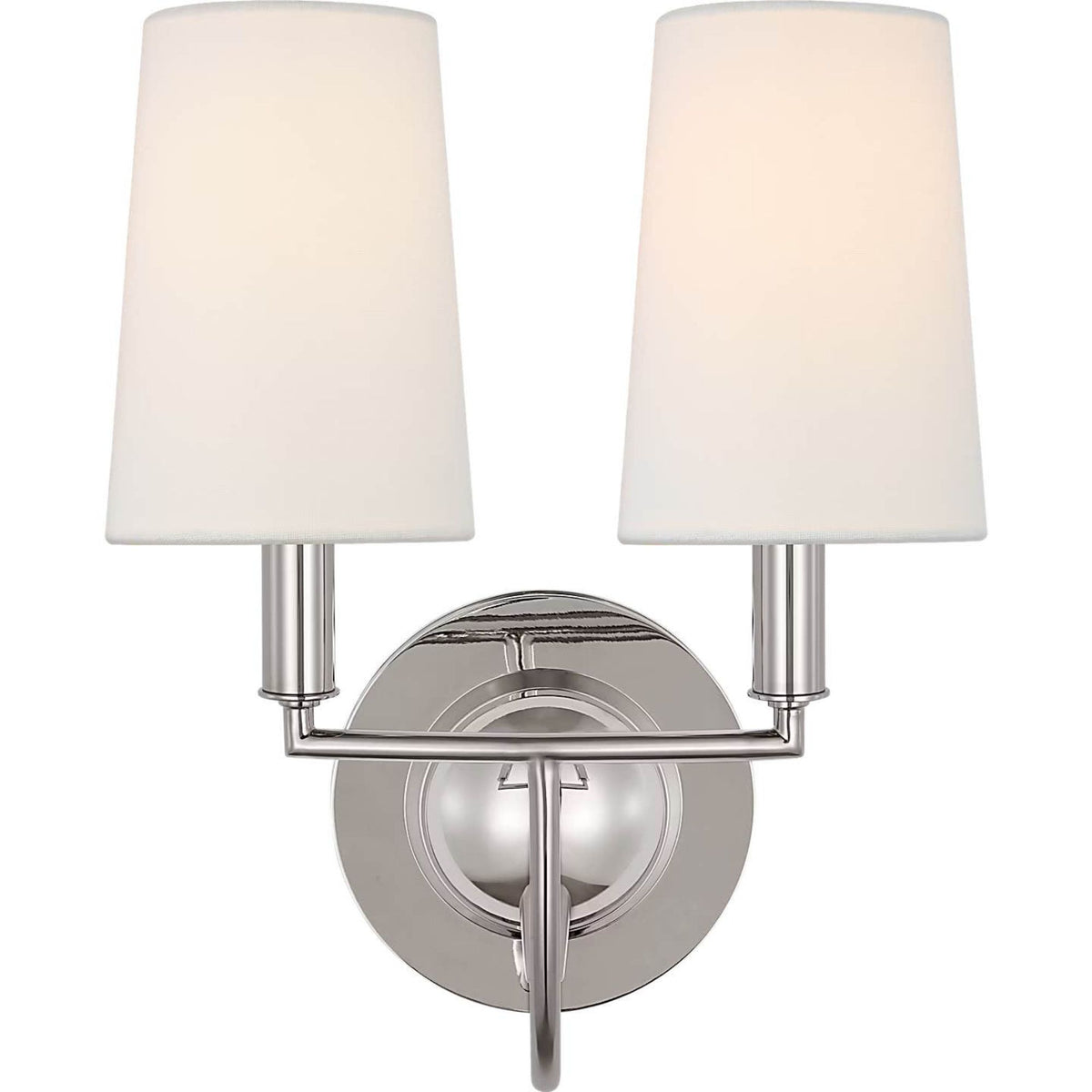 Thomas O'Brien Elkins Double Sconce in Polished Nickel with Linen Shades W10.25" x H13.25" x E7.25"
