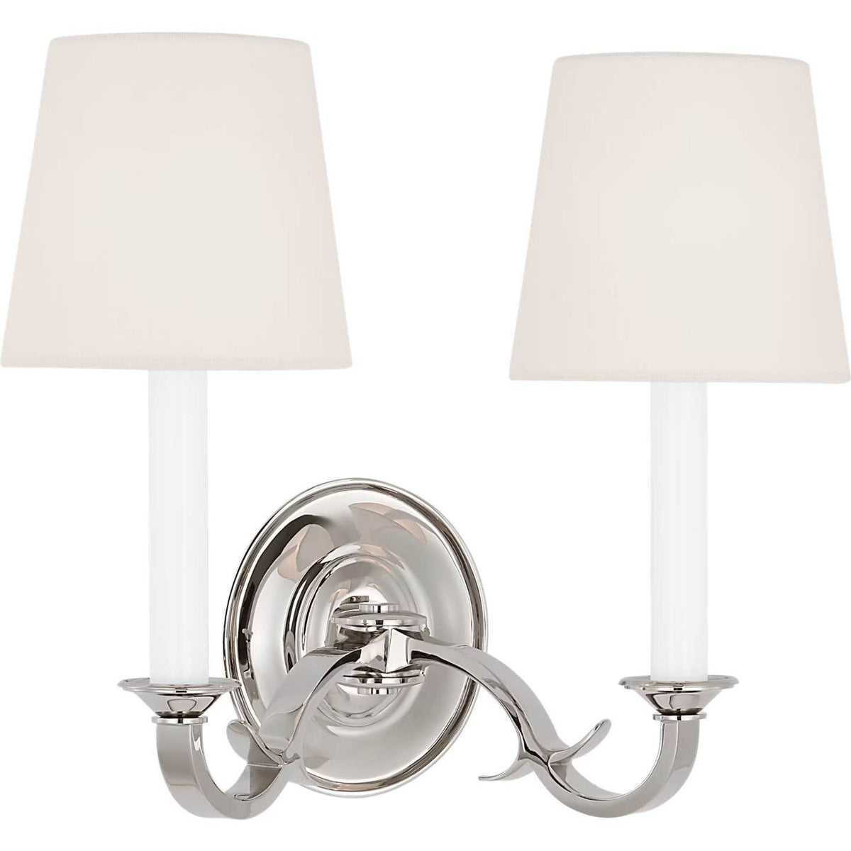 Thomas O'Brien Channing Double Sconce in Polished Nickel with Linen Shades W14.5" x H13.5" x E9.5"