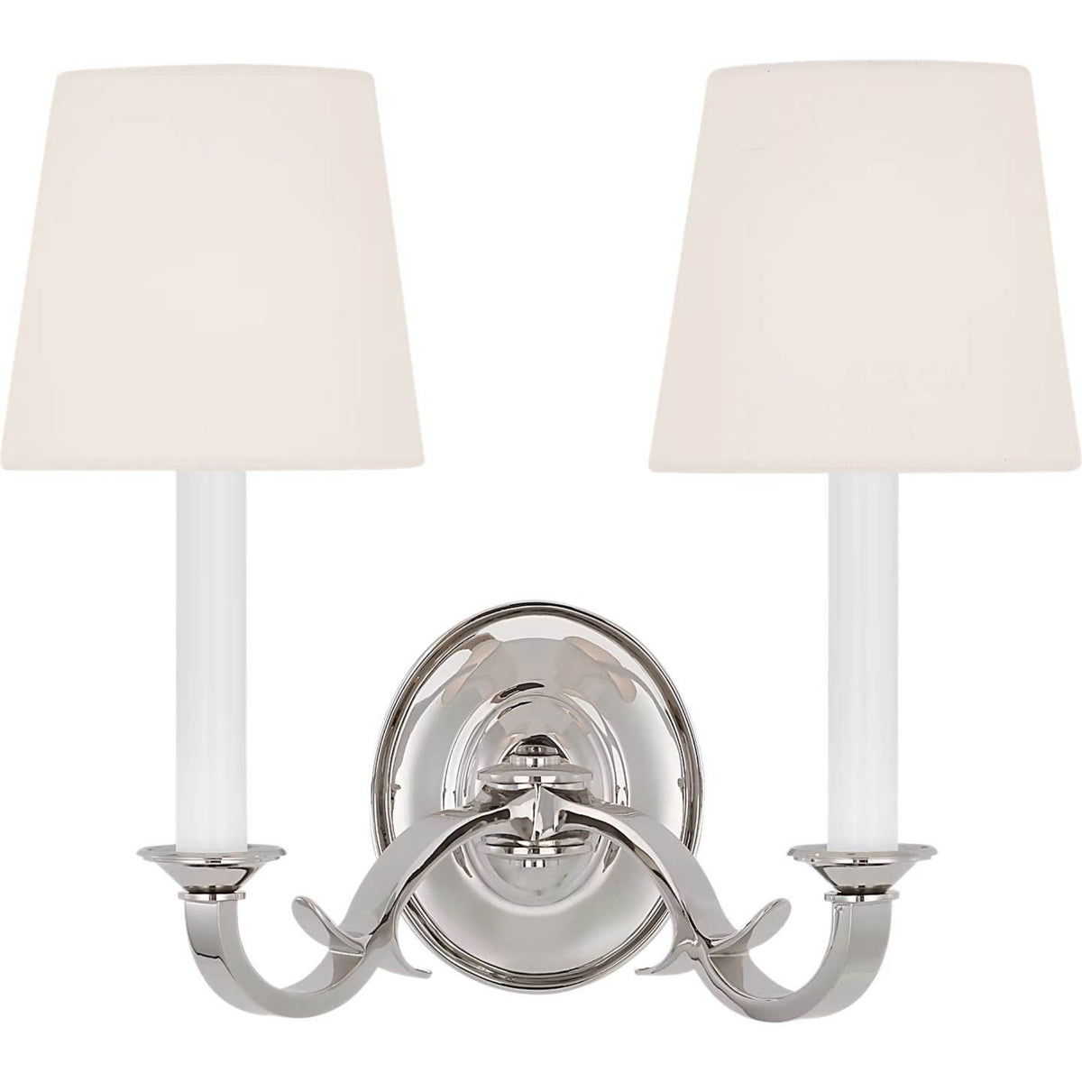 Thomas O'Brien Channing Double Sconce in Polished Nickel with Linen Shades W14.5" x H13.5" x E9.5"