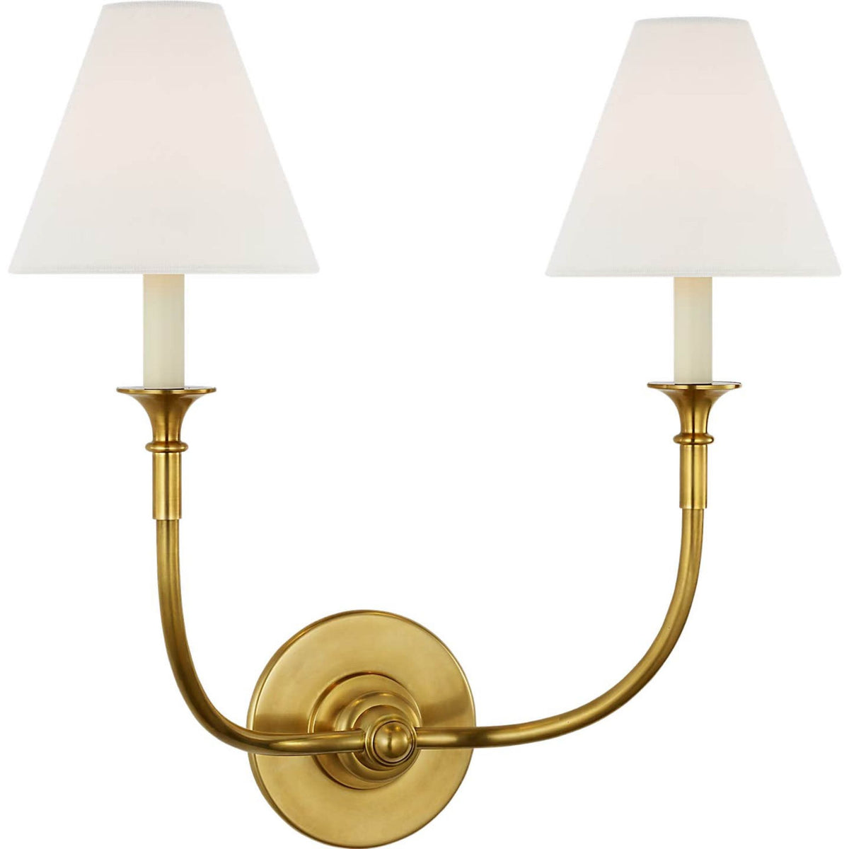 Thomas O'Brien Piaf Double Sconce in Hand-Rubbed Antique Brass with Linen Shade W18.5" x H18.5" x E9"