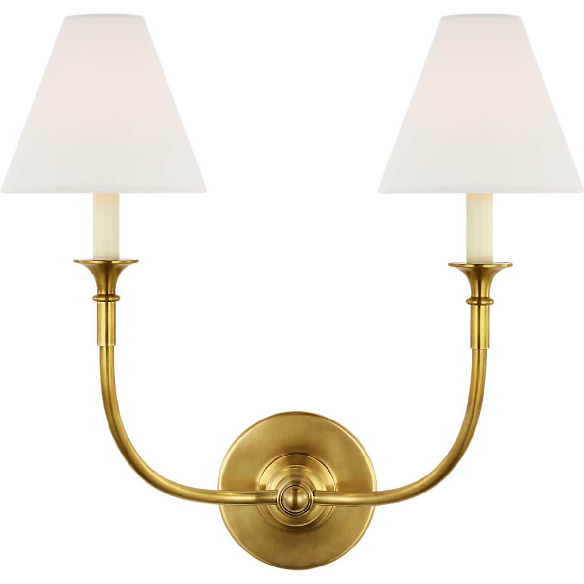 Thomas O'Brien Piaf Double Sconce in Hand-Rubbed Antique Brass with Linen Shade W18.5" x H18.5" x E9"