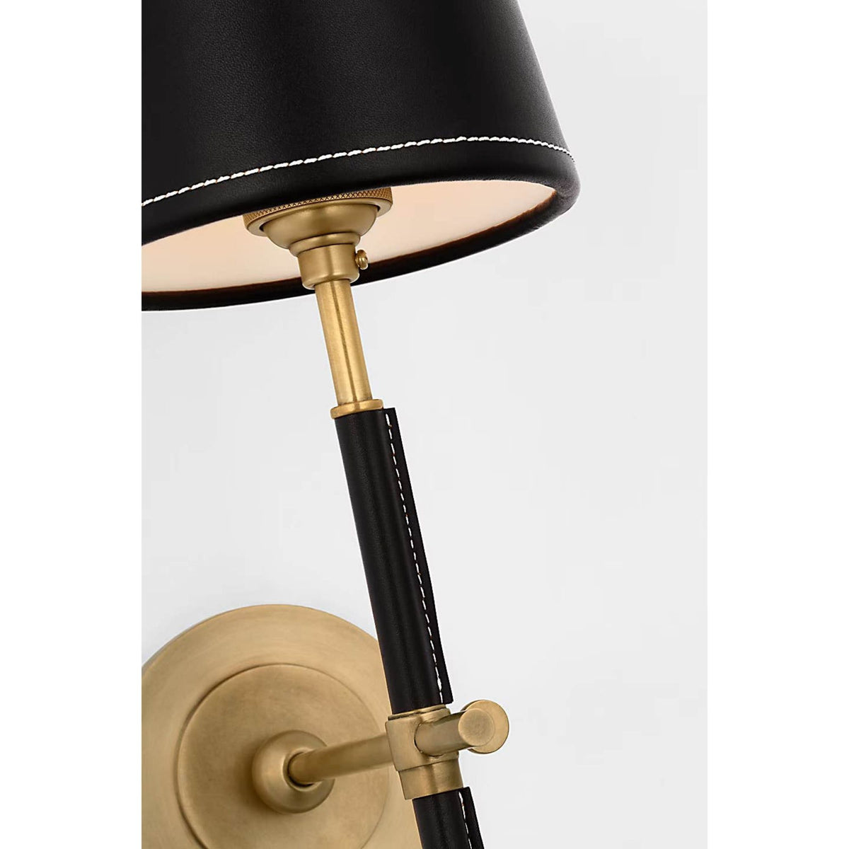 Thomas O'Brien Bryant Wrapped Sconce in Hand-Rubbed Antique Brass and Chocolate Leather with Chocolate Leather Shade W5.5" x H14.5" x E8.75"
