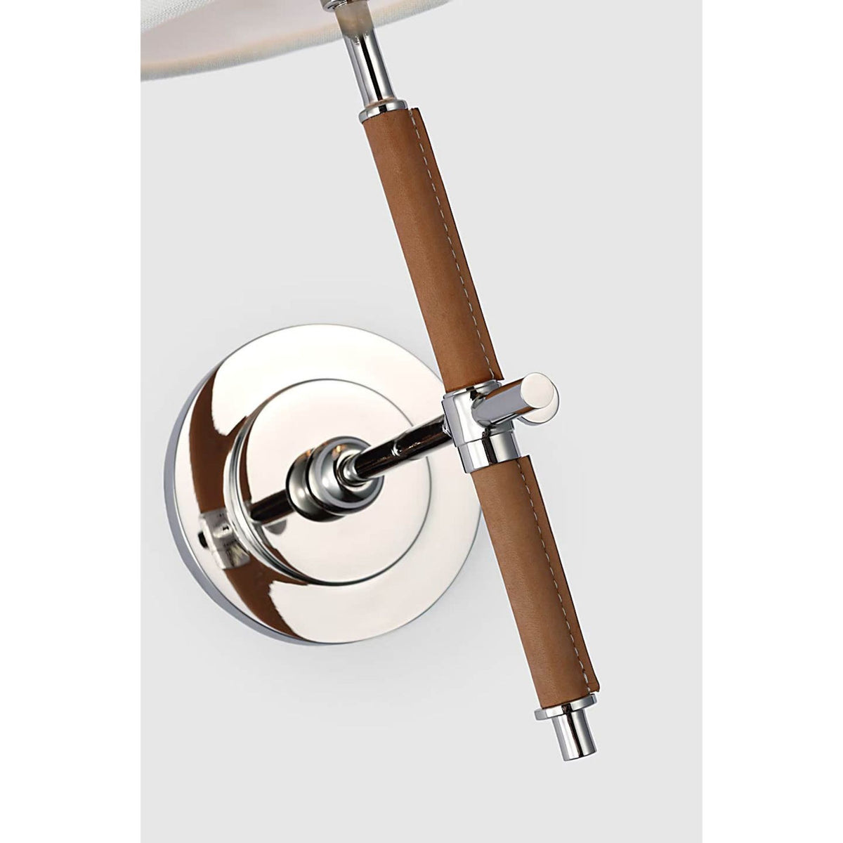 Thomas O'Brien Bryant Wrapped Sconce in Polished Nickel and Natural Leather with Linen Shade W5.5" x H14.5" x E8.75"