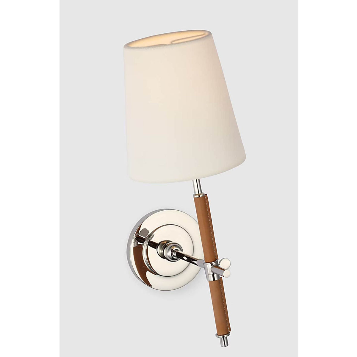 Thomas O'Brien Bryant Wrapped Sconce in Polished Nickel and Natural Leather with Linen Shade W5.5" x H14.5" x E8.75"