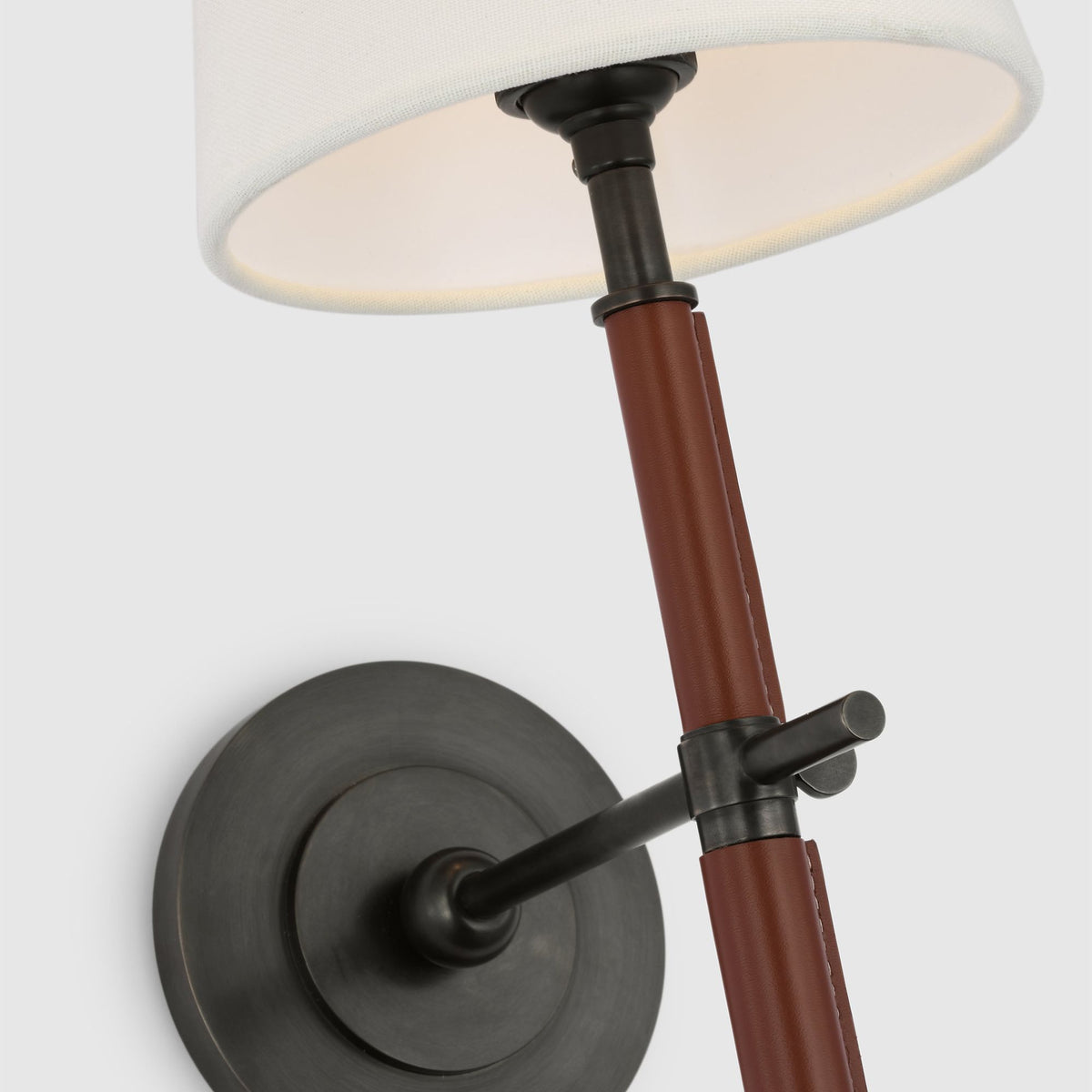 Thomas O'Brien Bryant Large Wrapped Tail Sconce in Bronze and Saddle Leather with Linen Shade W6.5" x H26" x E9.25"