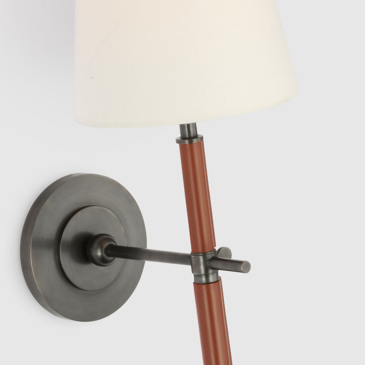 Thomas O'Brien Bryant Large Wrapped Tail Sconce in Bronze and Saddle Leather with Linen Shade W6.5" x H26" x E9.25"