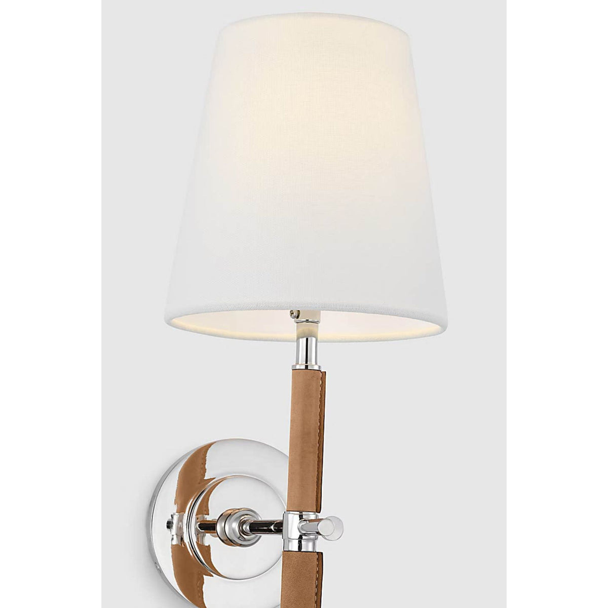 Thomas O'Brien Bryant Large Wrapped Tail Sconce in Polished Nickel and Natural Leather with Linen Shade W6.5" x H26" x E9.25"