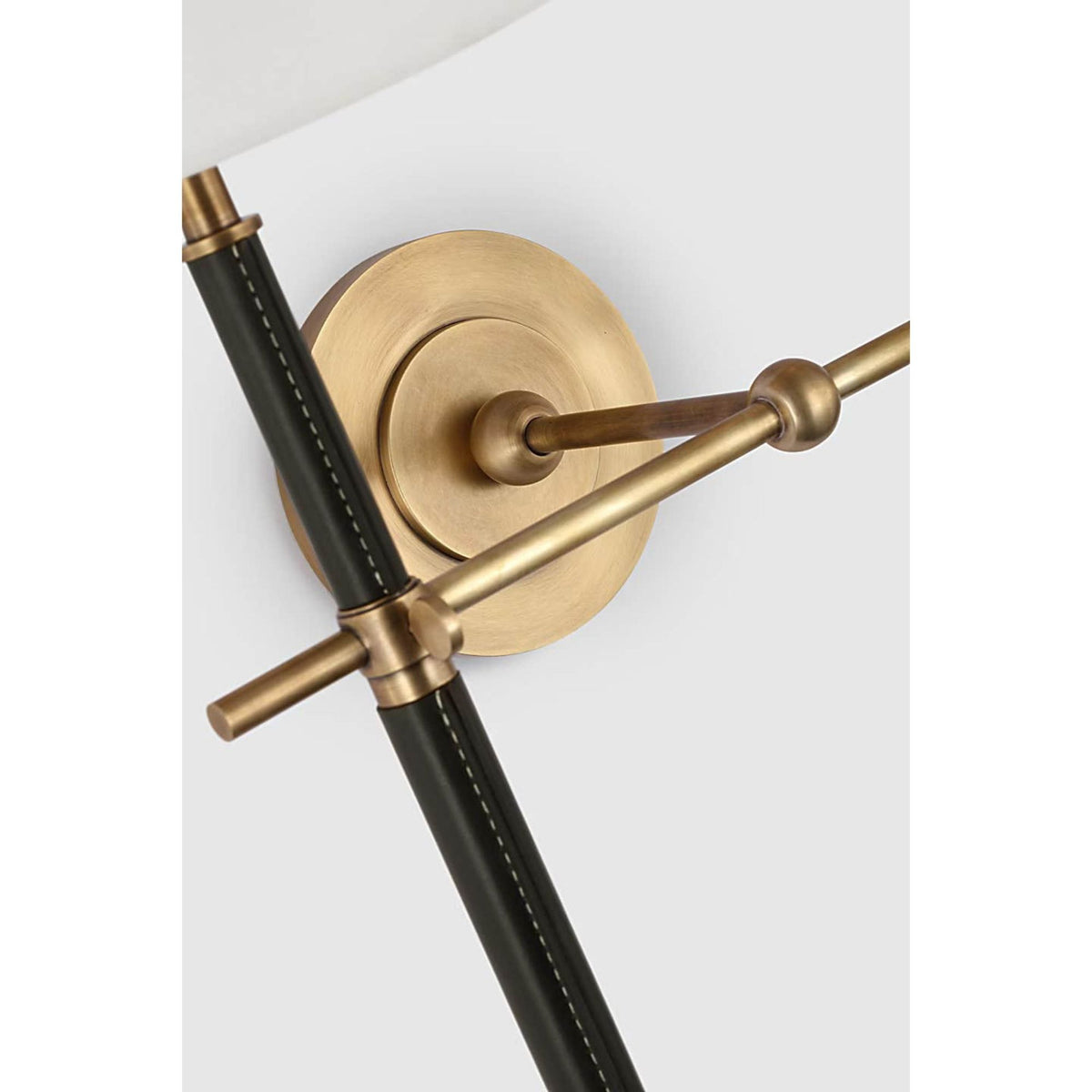 Thomas O'Brien Bryant Large Wrapped Double Tail Sconce in Hand-Rubbed Antique Brass and Chocolate Leather with Linen Shades W16" x H26" x E9.25"