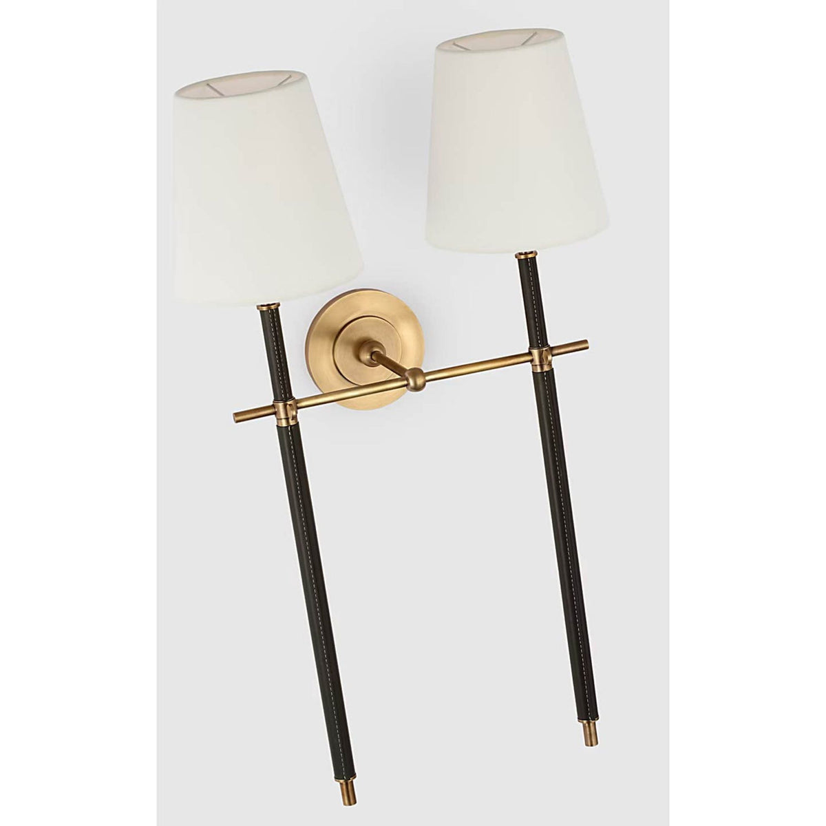 Thomas O'Brien Bryant Large Wrapped Double Tail Sconce in Hand-Rubbed Antique Brass and Chocolate Leather with Linen Shades W16" x H26" x E9.25"