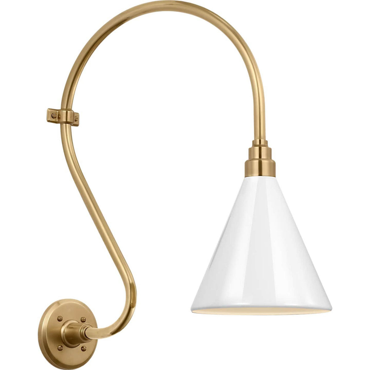 Thomas O'Brien Academy 15" Larrabee Barn Light in Hand-Rubbed Antique Brass with 9" White Conical Savannah Shade W9" x H24" x E19.25"