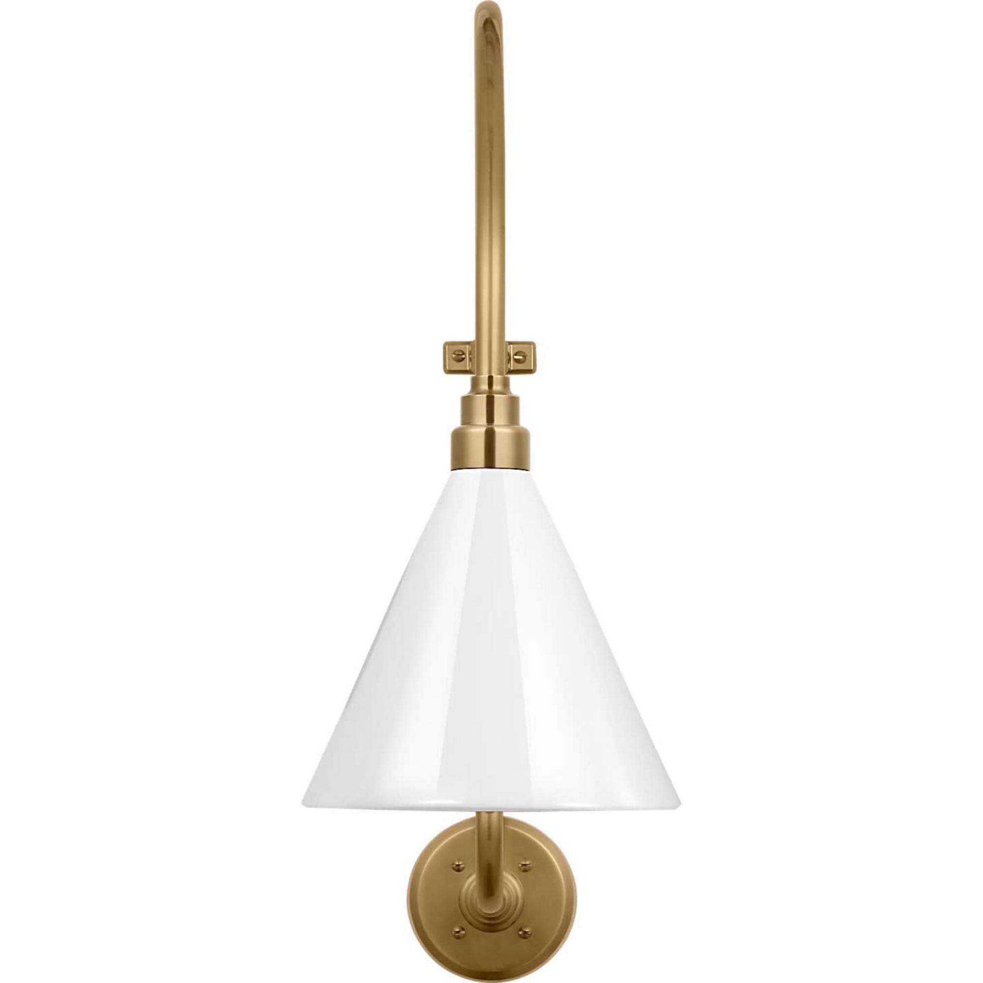 Thomas O'Brien Academy 15" Larrabee Barn Light in Hand-Rubbed Antique Brass with 9" White Conical Savannah Shade W9" x H24" x E19.25"