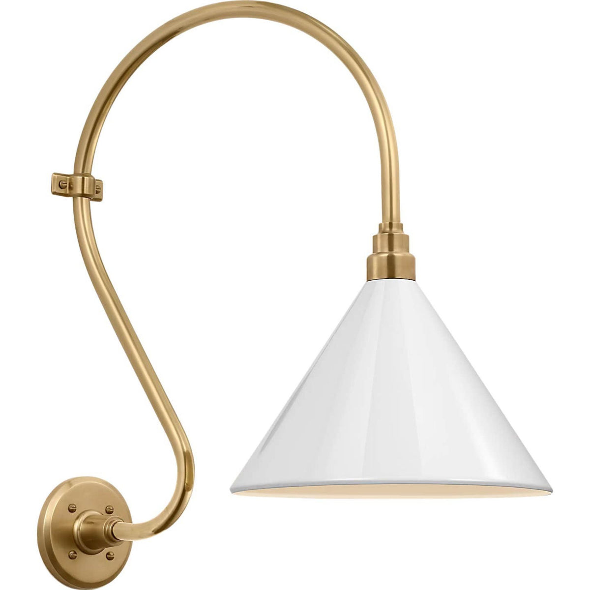 Thomas O'Brien Academy 15" Larrabee Barn Light in Hand-Rubbed Antique Brass with 12.5" White Conical Savannah Shade W12.5" x H24" x E21"