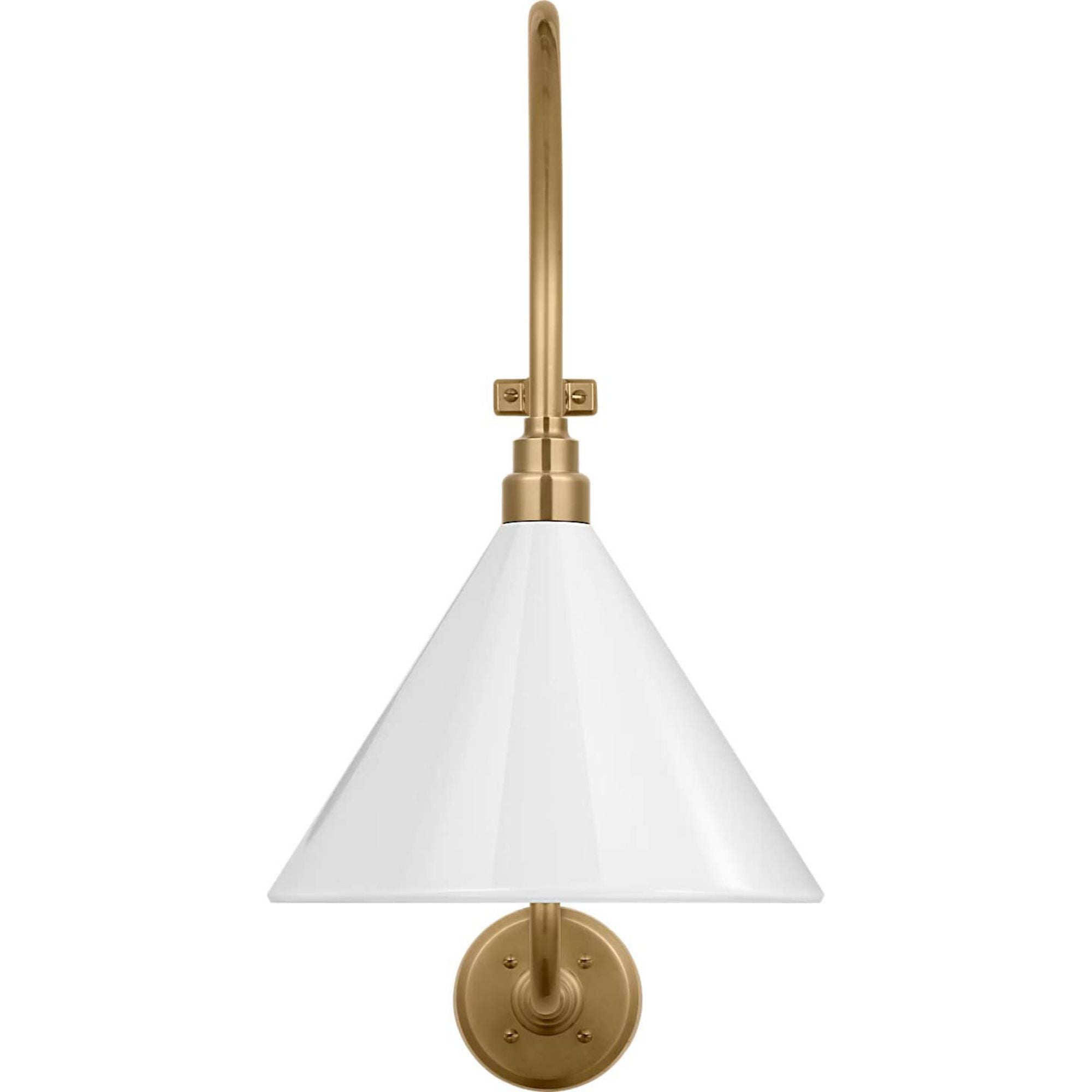 Thomas O'Brien Academy 15" Larrabee Barn Light in Hand-Rubbed Antique Brass with 12.5" White Conical Savannah Shade W12.5" x H24" x E21"