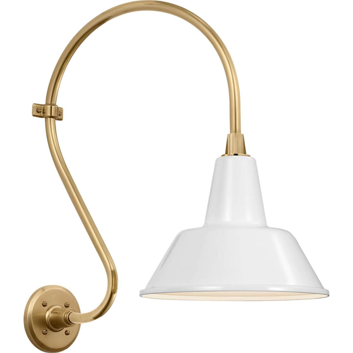 Thomas O'Brien Academy 15" Larrabee Barn Light in Hand-Rubbed Antique Brass with 12.5" White Bowers Shade W12.5" x H24" x E21"