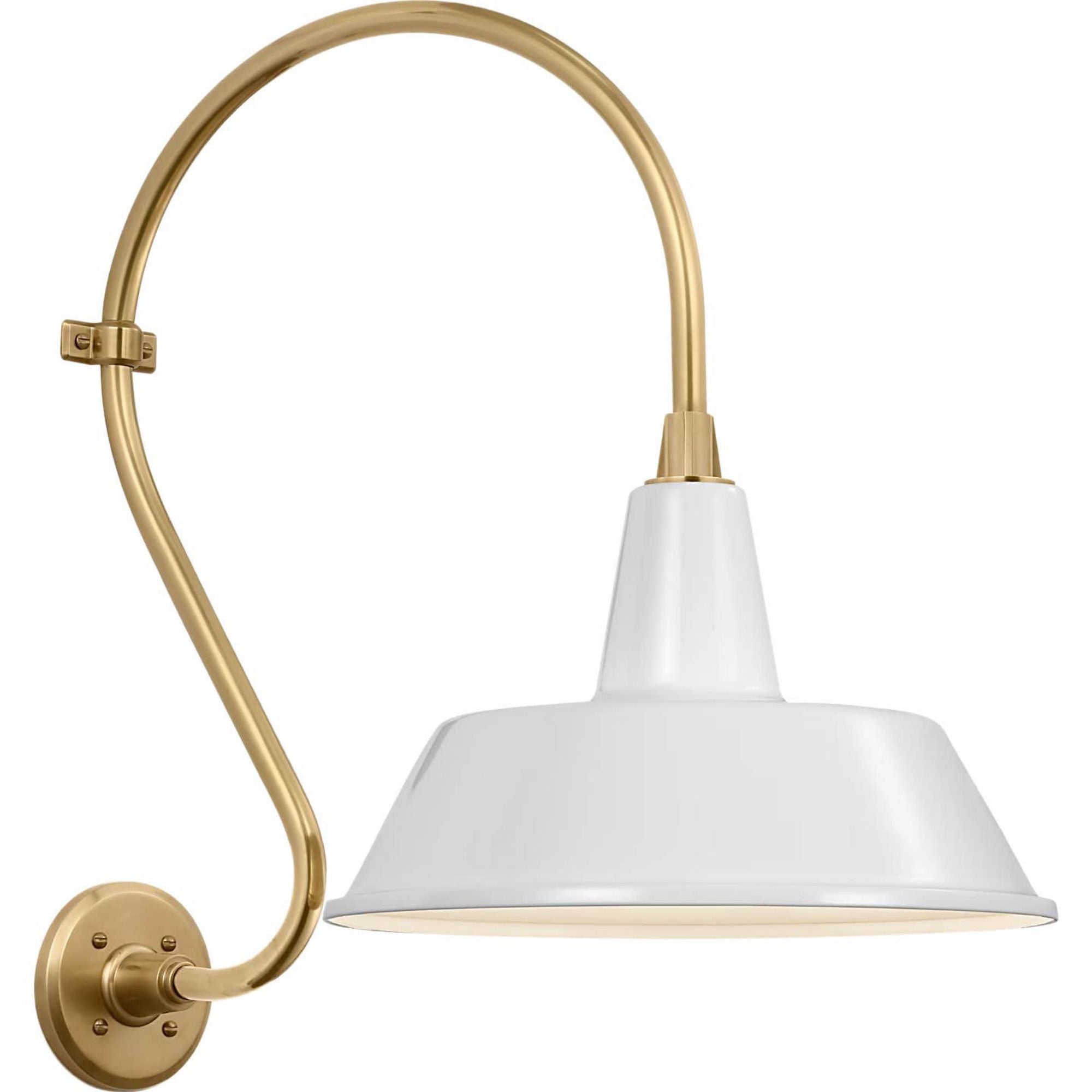 Thomas O'Brien Academy 15" Larrabee Barn Light in Hand-Rubbed Antique Brass with 16" White Bowers Shade W16" x H24" x E22.75"
