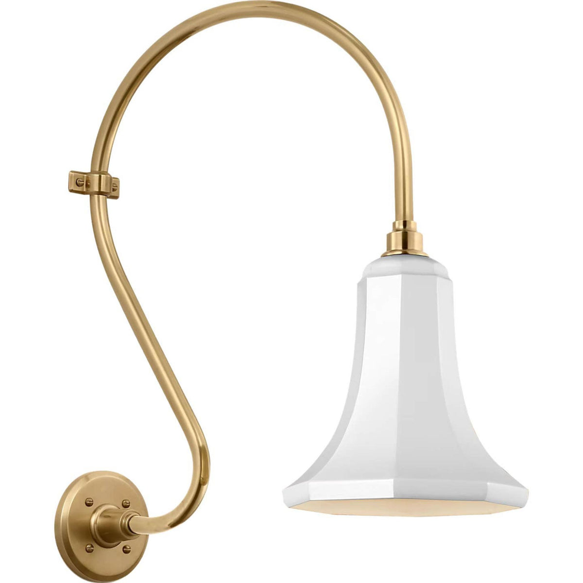 Thomas O'Brien Academy 15" Larrabee Barn Light in Hand-Rubbed Antique Brass with 9.25" White Savannah Shade W9.25" x H24" x E19.25"