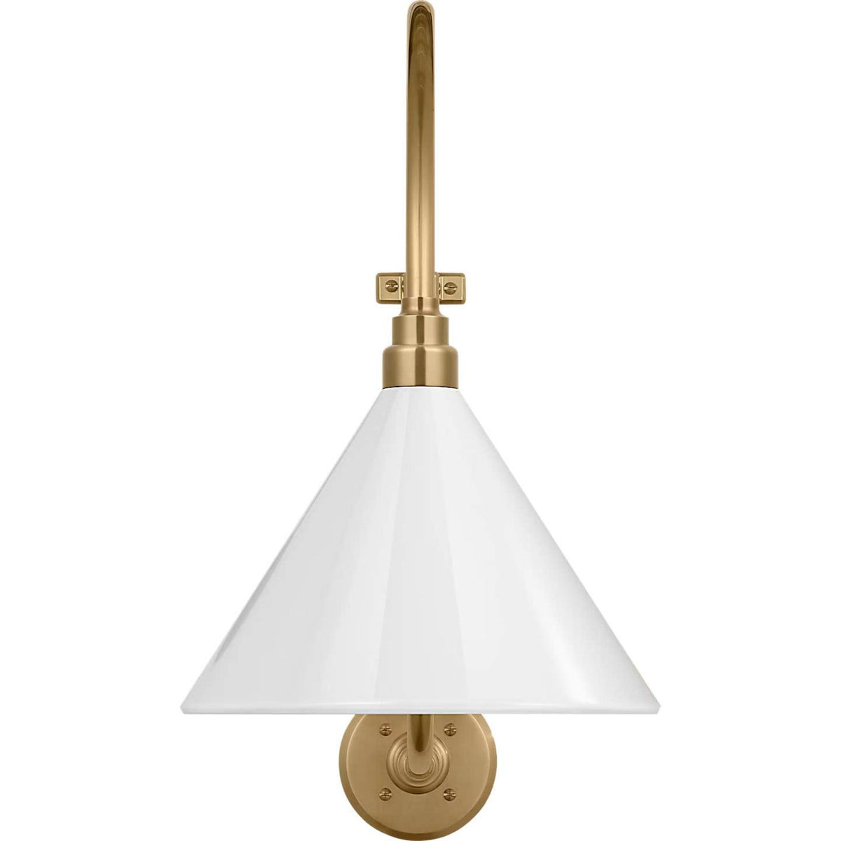 Thomas O'Brien Academy 18" Larrabee Barn Light in Hand-Rubbed Antique Brass with 12.5" White Conical Savannah Shade W12.5" x H27" x E24"