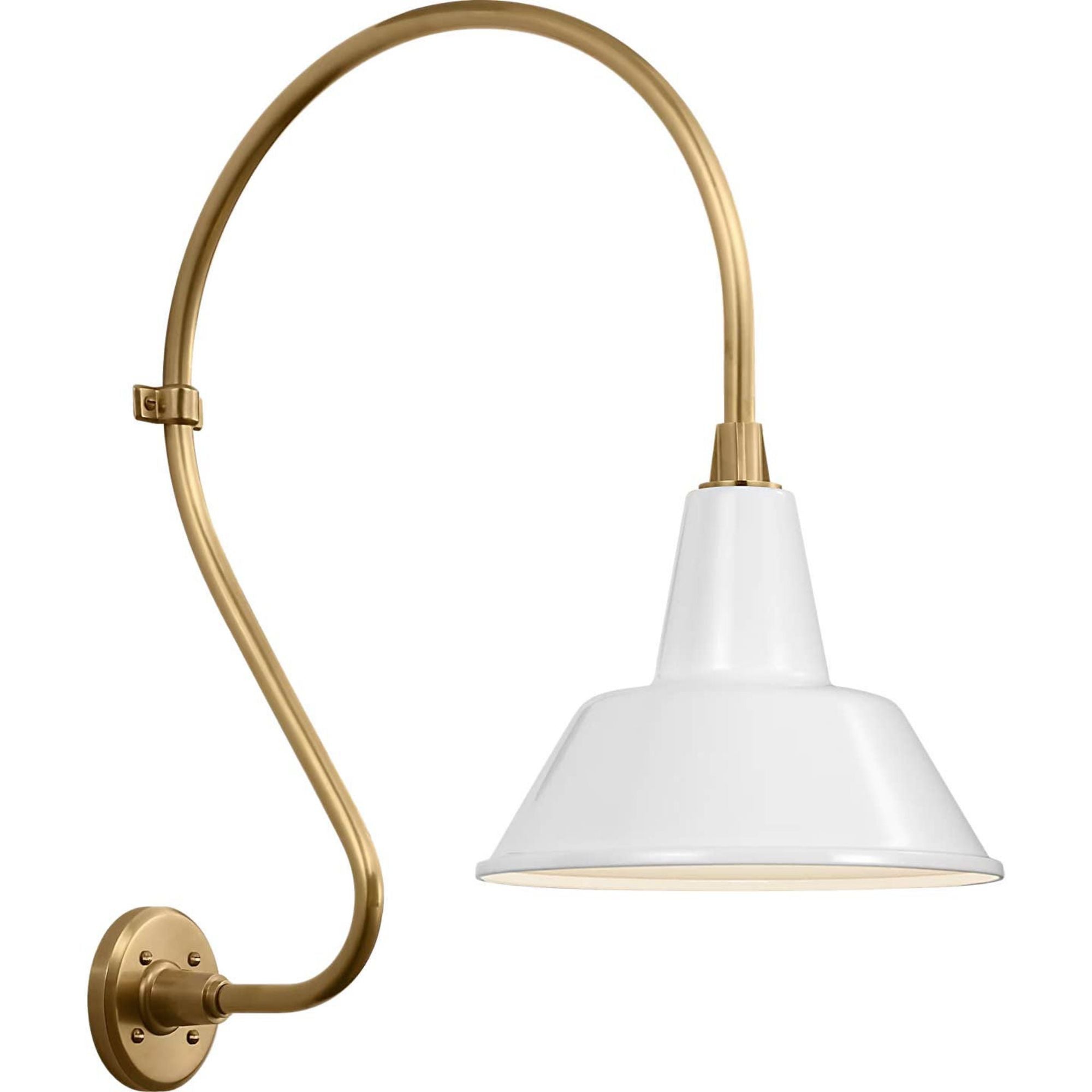 Thomas O'Brien Academy 18" Larrabee Barn Light in Hand-Rubbed Antique Brass with 12.5" White Bowers Shade W12.5" x H27" x E24"