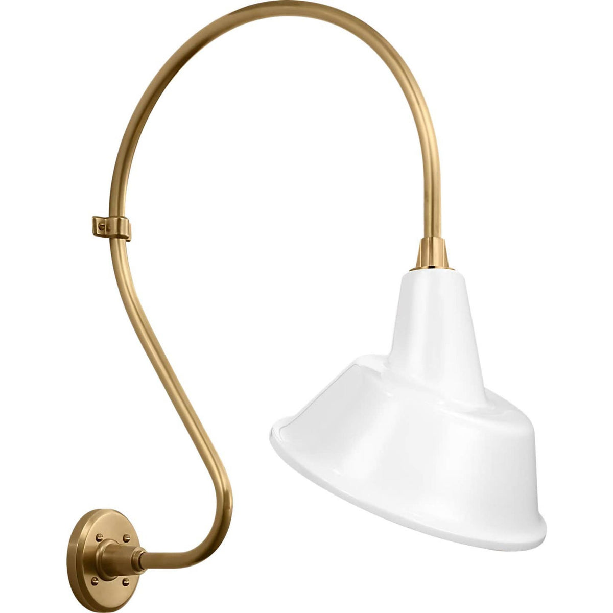 Thomas O'Brien Academy 18" Larrabee Barn Light in Hand-Rubbed Antique Brass with 12.5" White Tilted Bowers Shade W12.5" x H27" x E21.25"