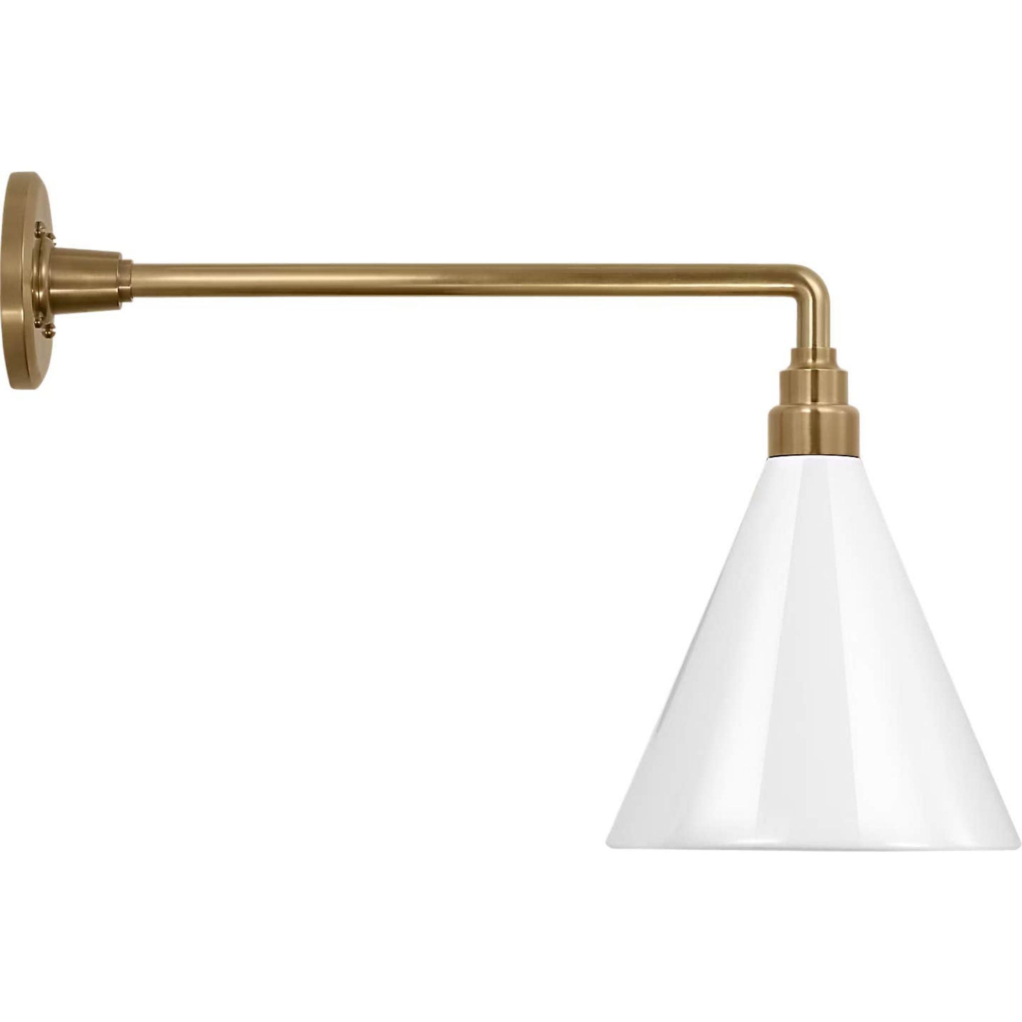 Thomas O'Brien Academy 17.5" Mack Barn Light in Hand-Rubbed Antique Brass with 9" White Conical Savannah Shade W9" x H14.5" x E21.75"
