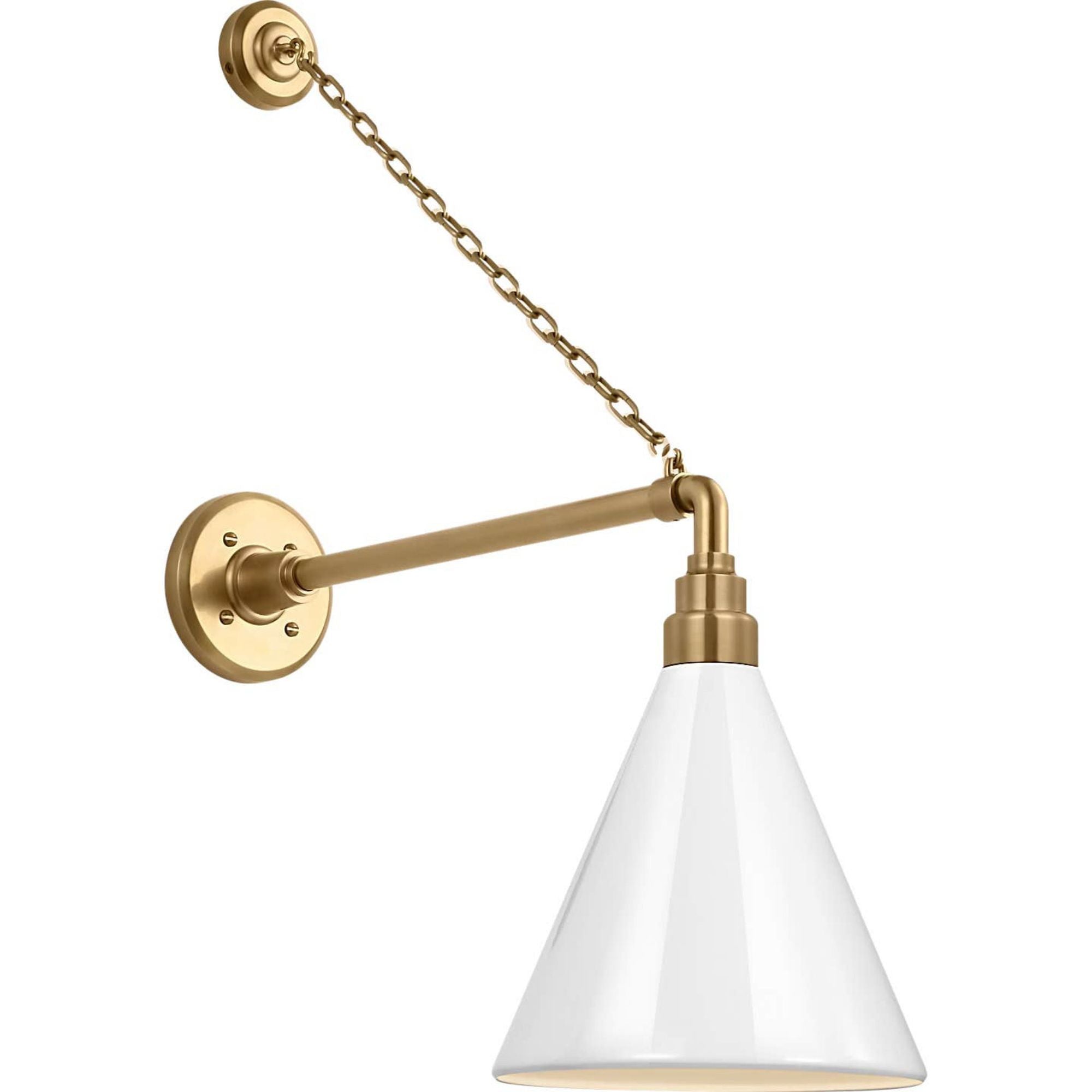 Thomas O'Brien Academy 17.5" Anchored Mack Barn Light in Hand-Rubbed Antique Brass with 9" White Conical Savannah Shade W9" x H27.5" x E21.75"