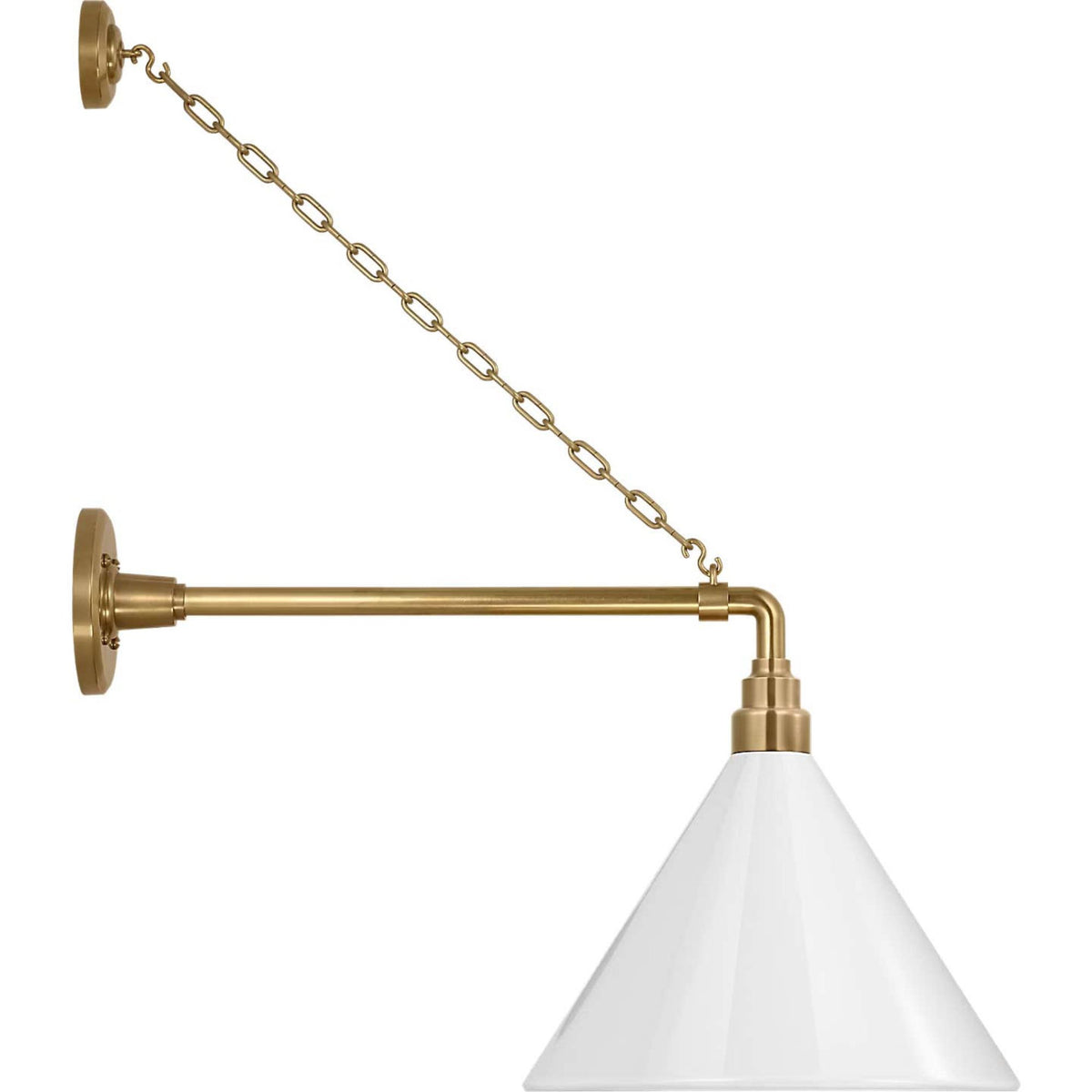 Thomas O'Brien Academy 17.5" Anchored Mack Barn Light in Hand-Rubbed Antique Brass with 12.5" White Conical Savannah Shade W12.5" x H27.5" x E23.5"