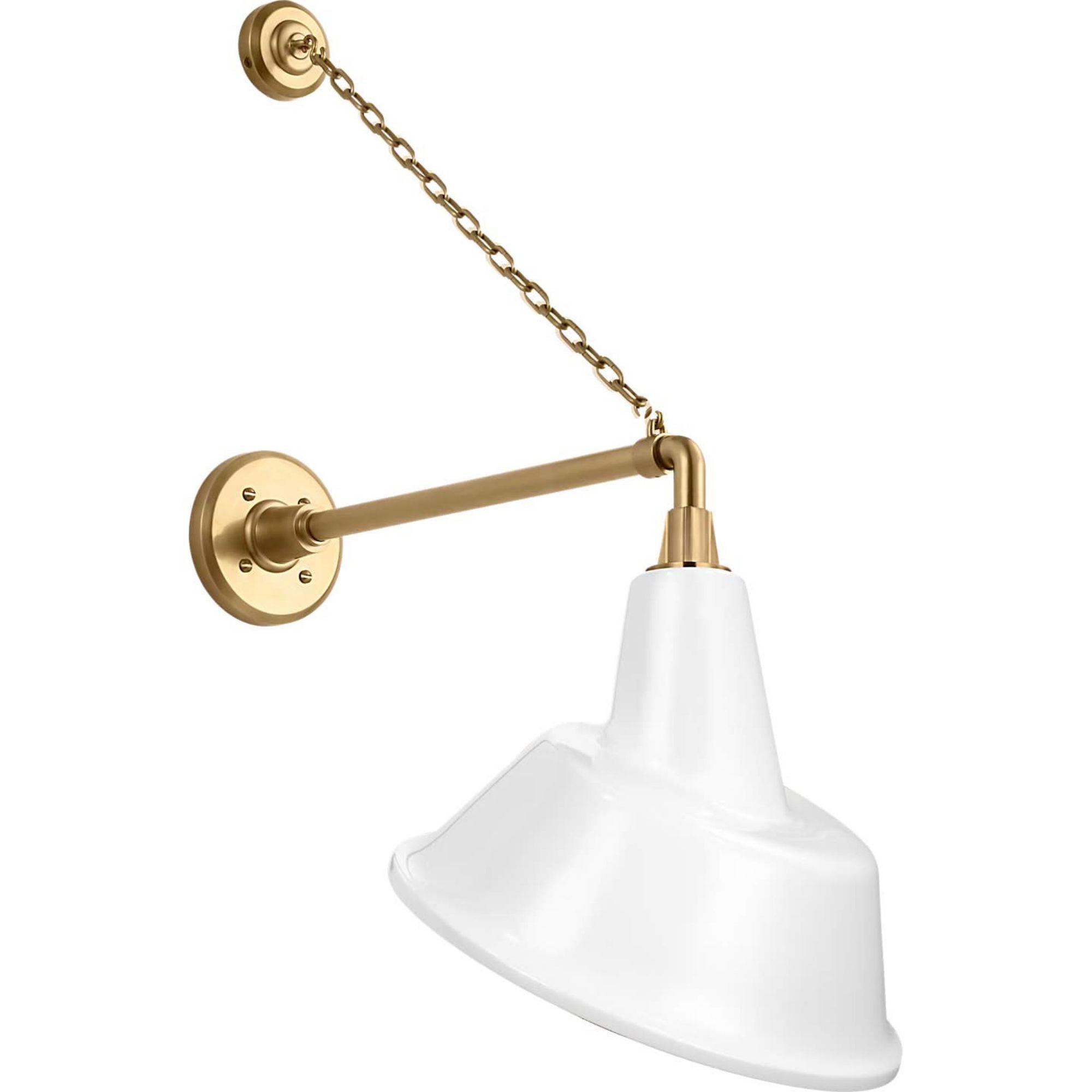 Thomas O'Brien Academy 17.5" Anchored Mack Barn Light in Hand-Rubbed Antique Brass with 12.5" White Tilted Bowers Shade W12.5" x H30.5" x E21"