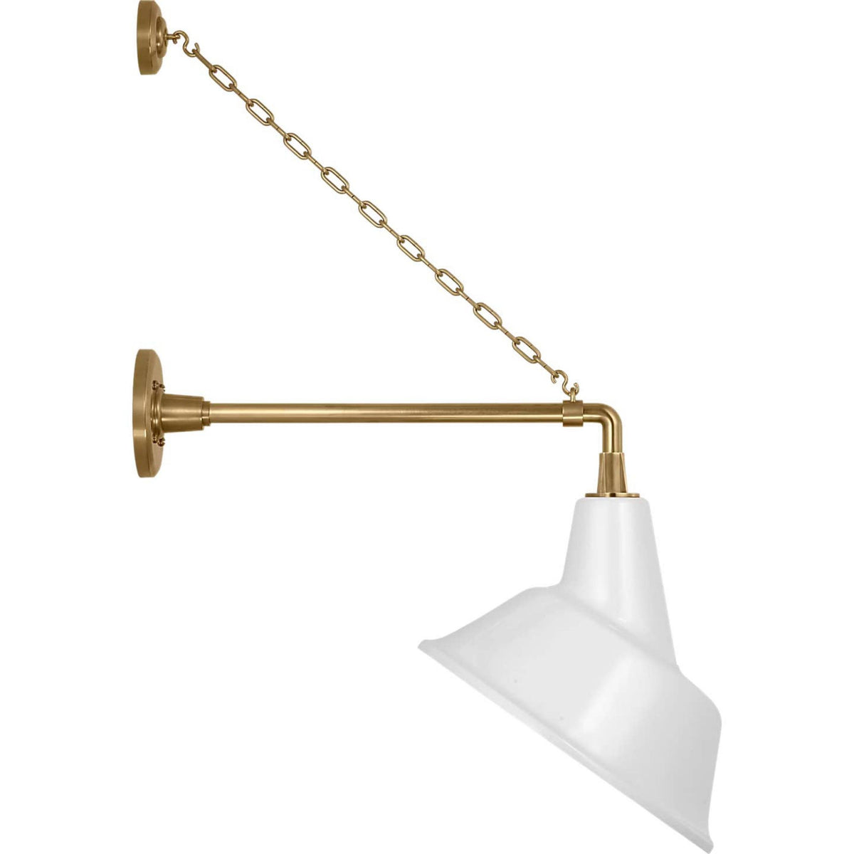 Thomas O'Brien Academy 17.5" Anchored Mack Barn Light in Hand-Rubbed Antique Brass with 12.5" White Tilted Bowers Shade W12.5" x H30.5" x E21"