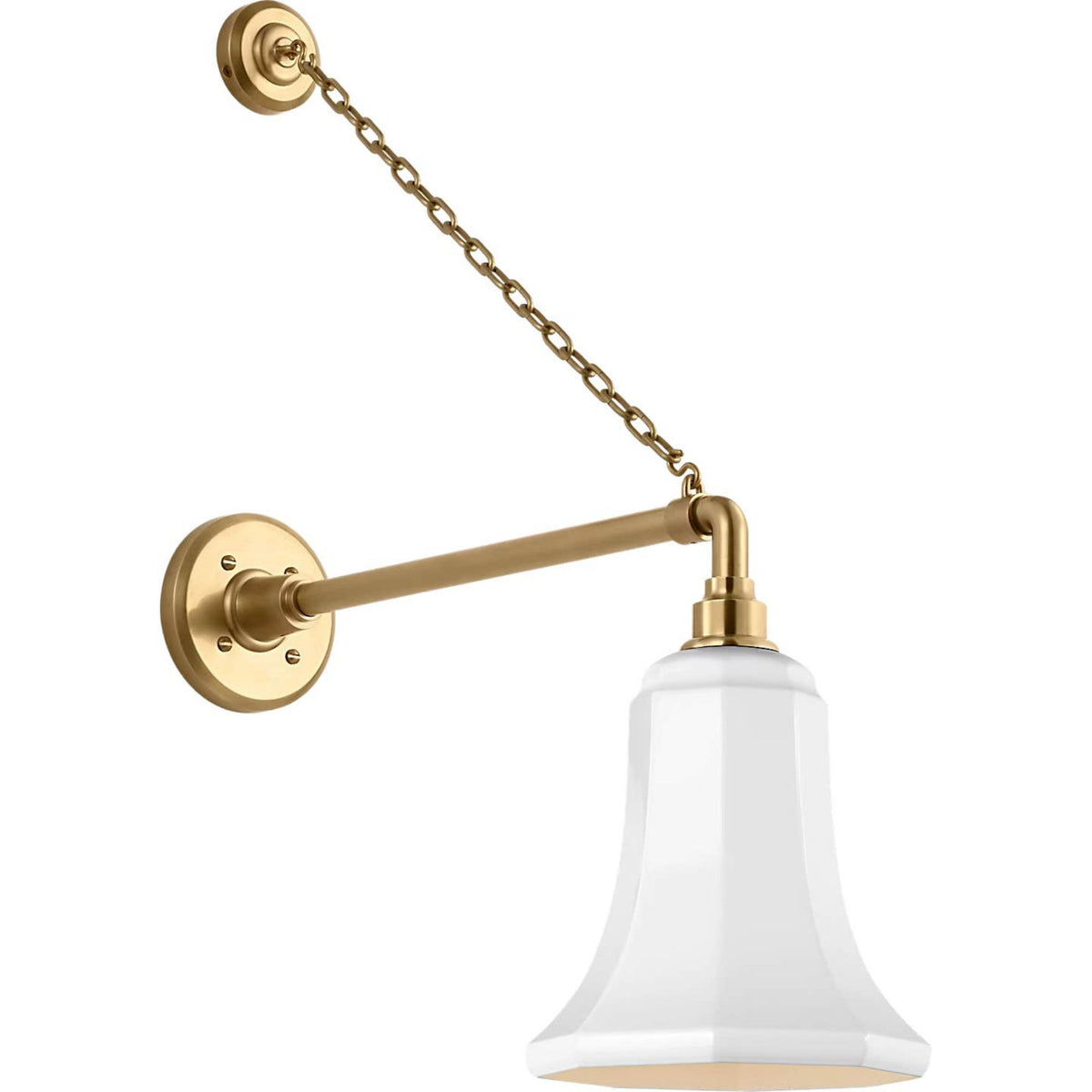 Thomas O'Brien Academy 17.5" Anchored Mack Barn Light in Hand-Rubbed Antique Brass with 7.5" White Savannah Shade W7.5" x H26.75" x E21"