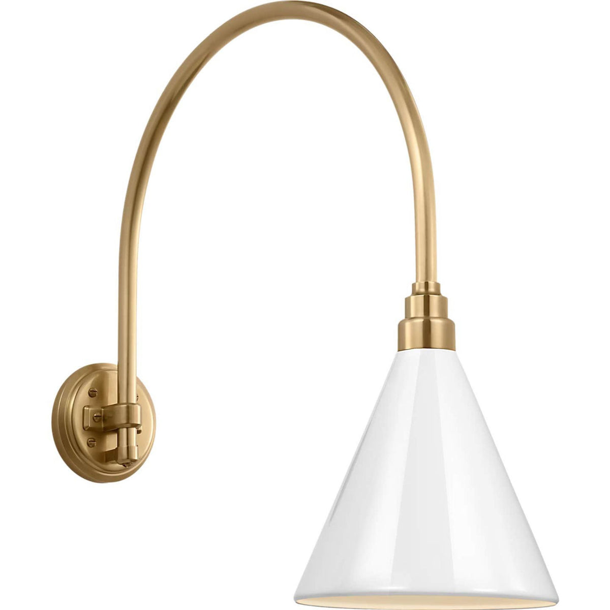 Thomas O'Brien Academy 19.5" Arched Mack Barn Light in Hand-Rubbed Antique Brass with 9" White Conical Savannah Shade W9" x H22.25" x E23.5"