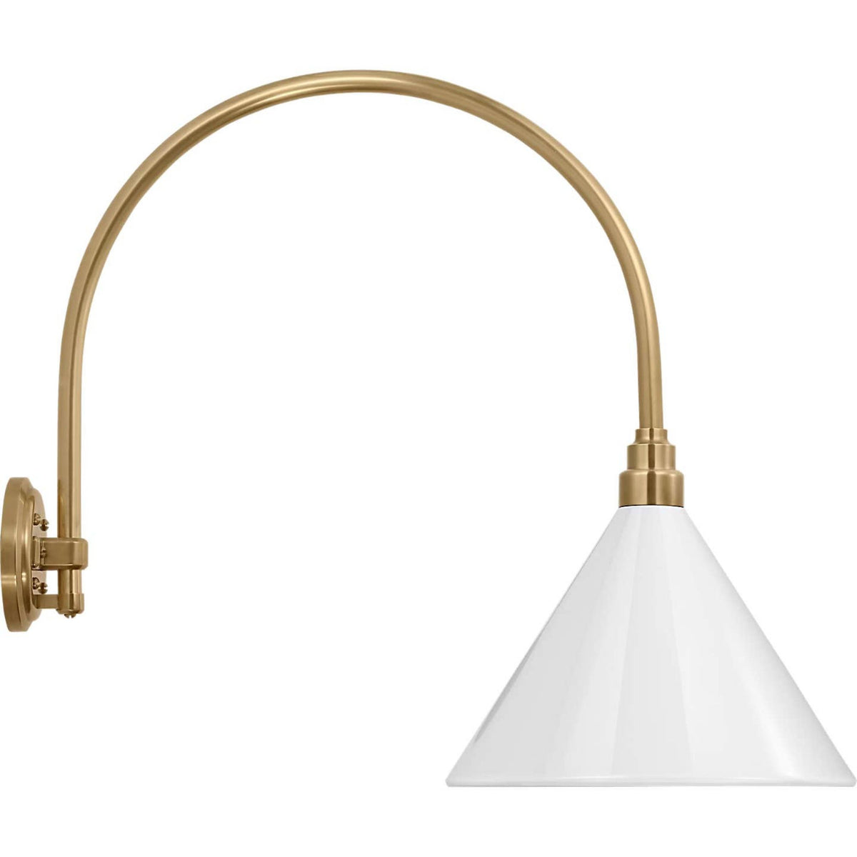 Thomas O'Brien Academy 19.5" Arched Mack Barn Light in Hand-Rubbed Antique Brass with 12.5" White Conical Savannah Shade W12.5" x H22.25" x E25.25"