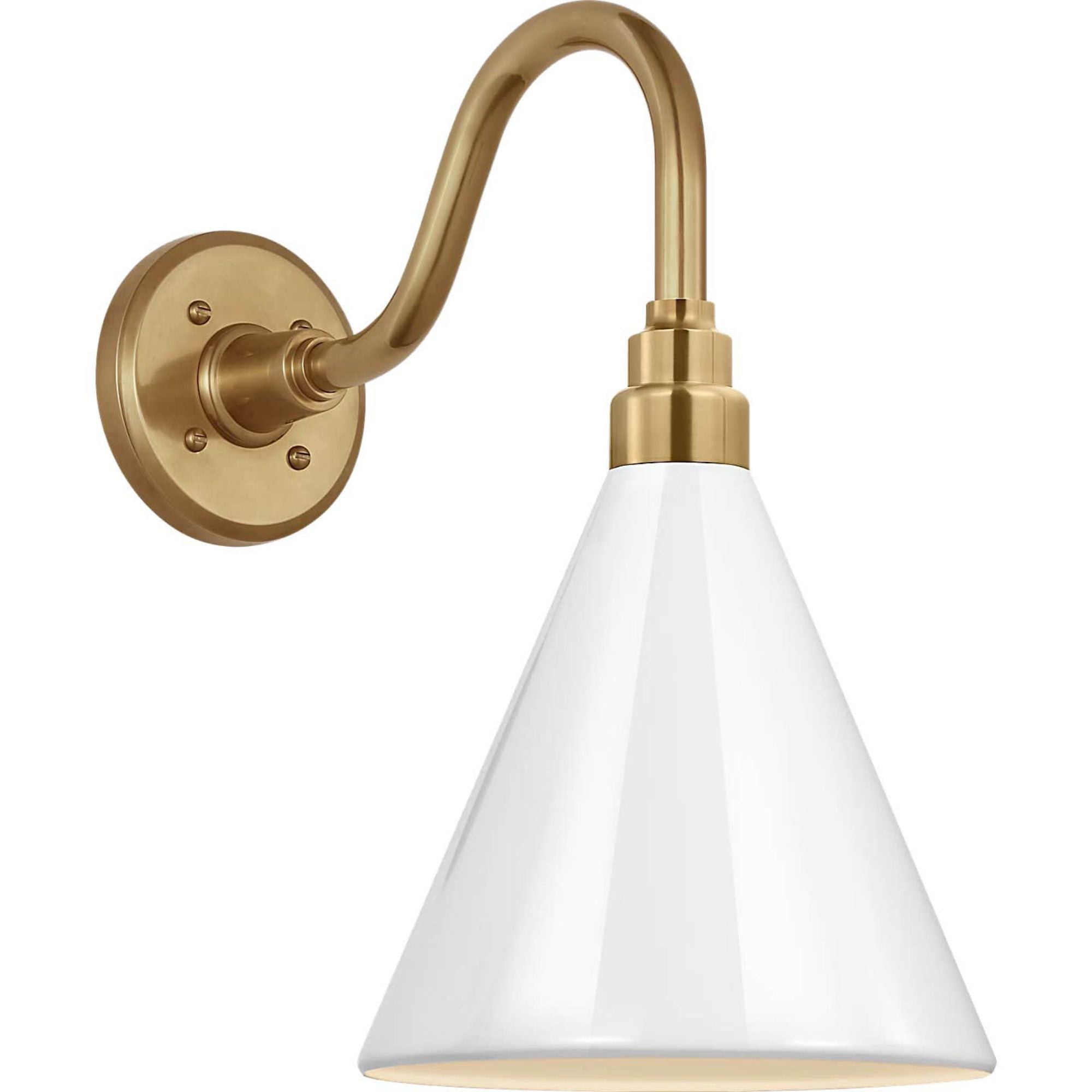Thomas O'Brien Academy 11" Flynn Barn Light in Hand-Rubbed Antique Brass with 9" White Conical Savannah Shade W9" x H15.5" x E15"