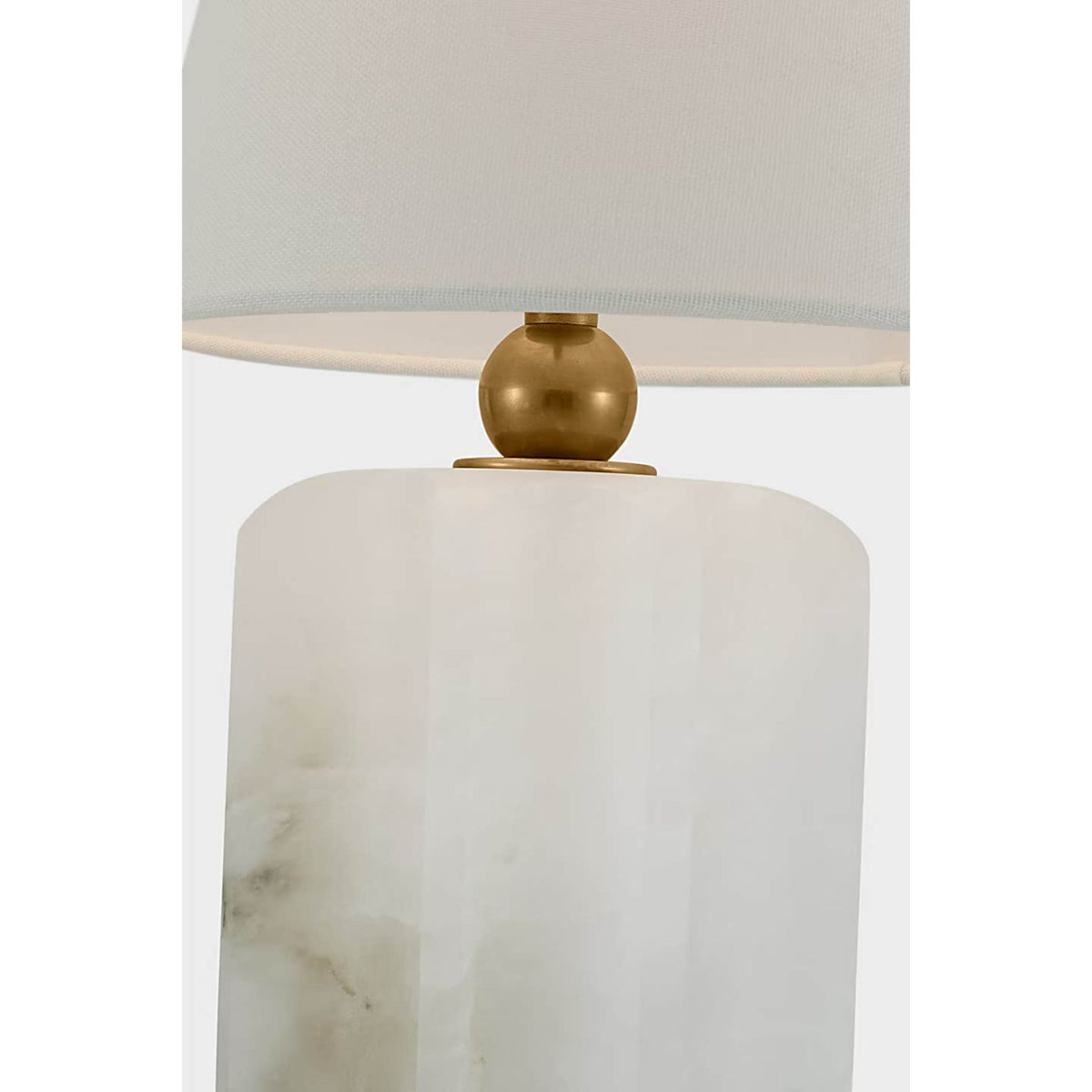Thomas O'Brien Iota Small Table Lamp in Alabaster and Hand-Rubbed Antique Brass with Linen Shade W9" x H15.5"
